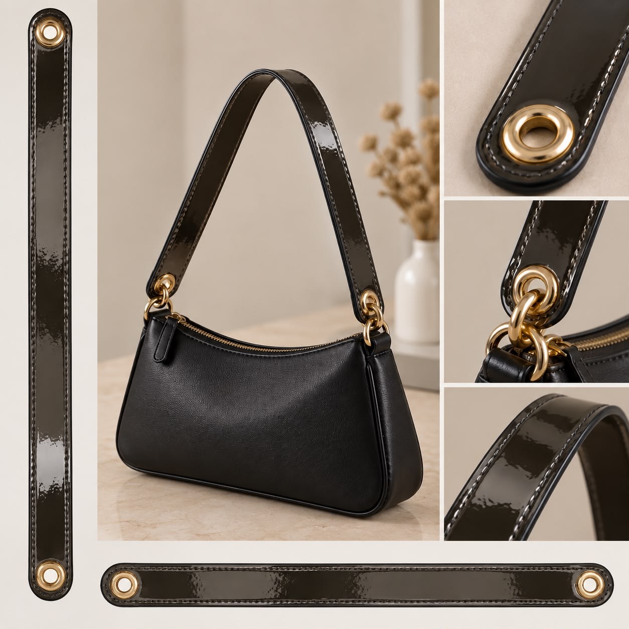 : Antrasit Parlak Rugan Deri Çanta Sapı – Gold Kuş Gözü Detaylı Çanta Askısı (2.5 cm x 58 cm)