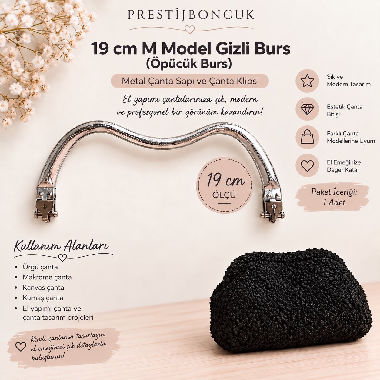 19 cm M Model Gizli Burs (Öpücük Burs) Metal Çanta Sapı ve Klipsi
