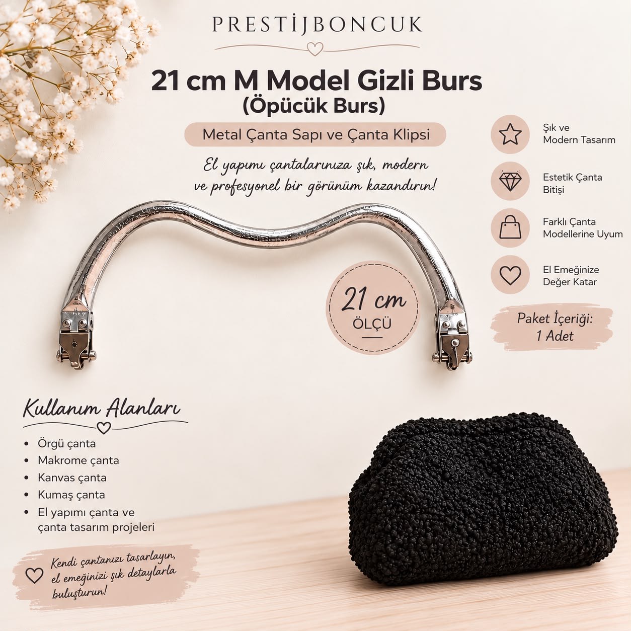 21 cm M Model Gizli Burs (Öpücük Burs) – Metal Çanta Sapı ve Çanta Klipsi Gümüş