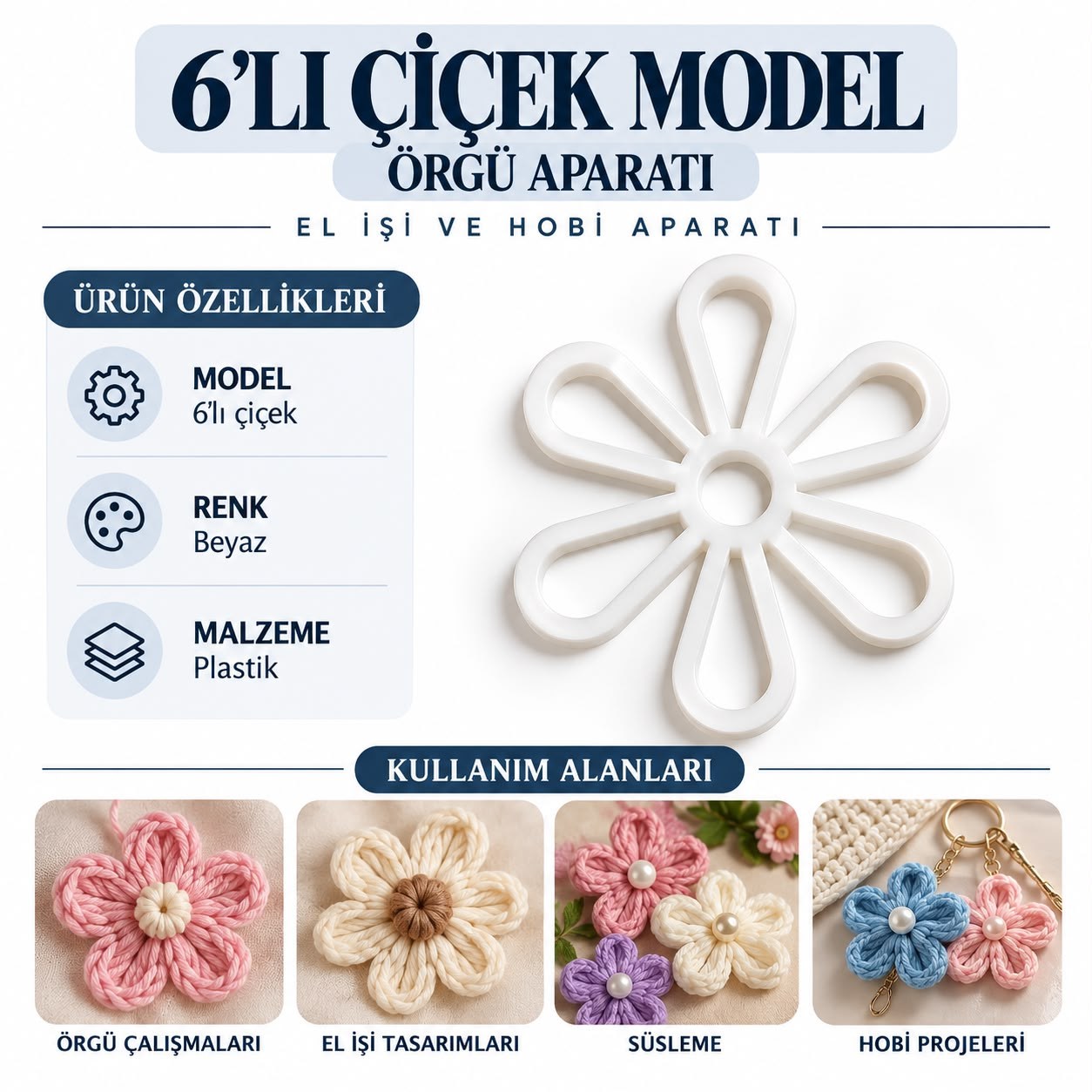 6’lı Çiçek Model Örgü Aparatı Beyaz Plastik 10’lu Paket 4 cm