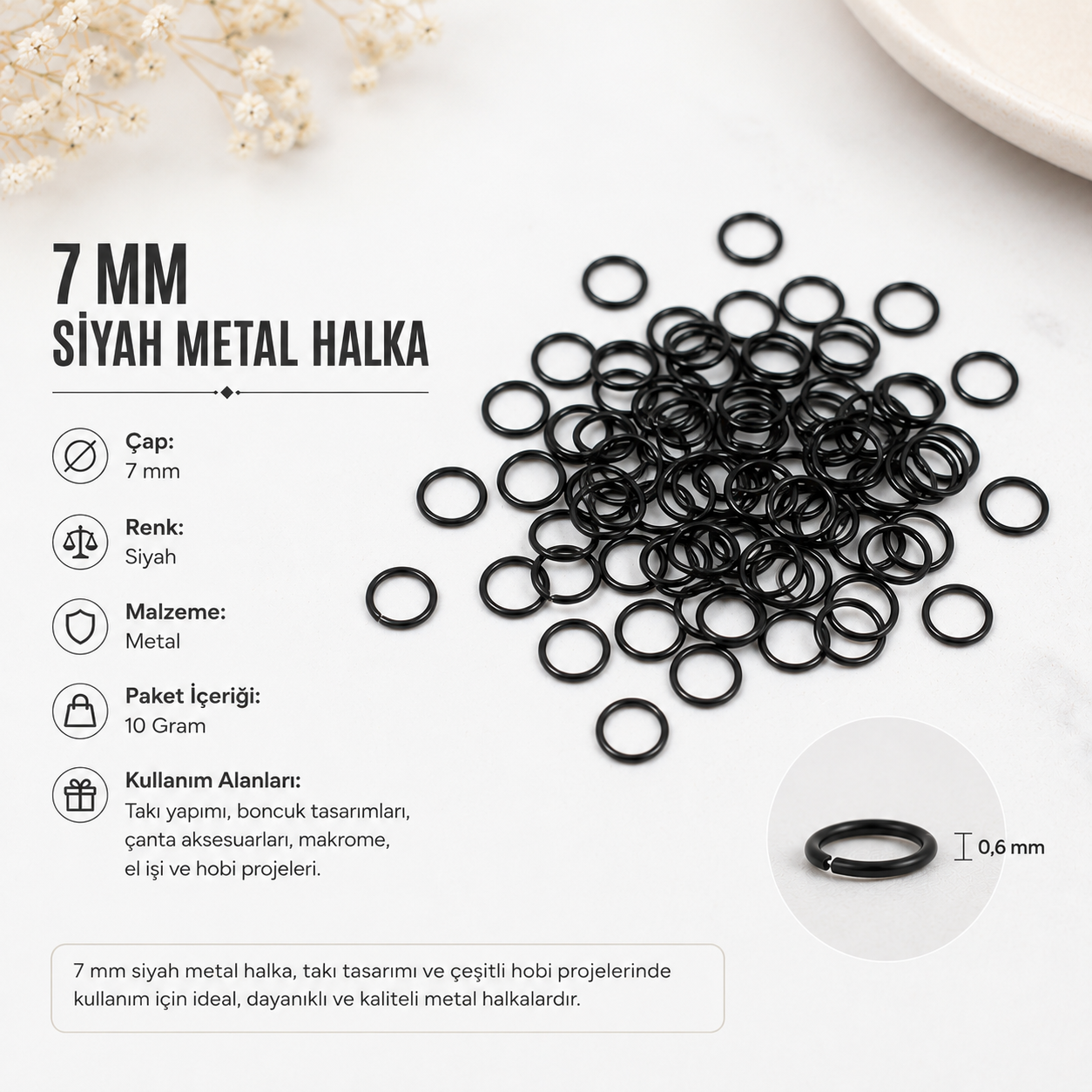 7 mm Siyah Metal Halka – 10 Gr