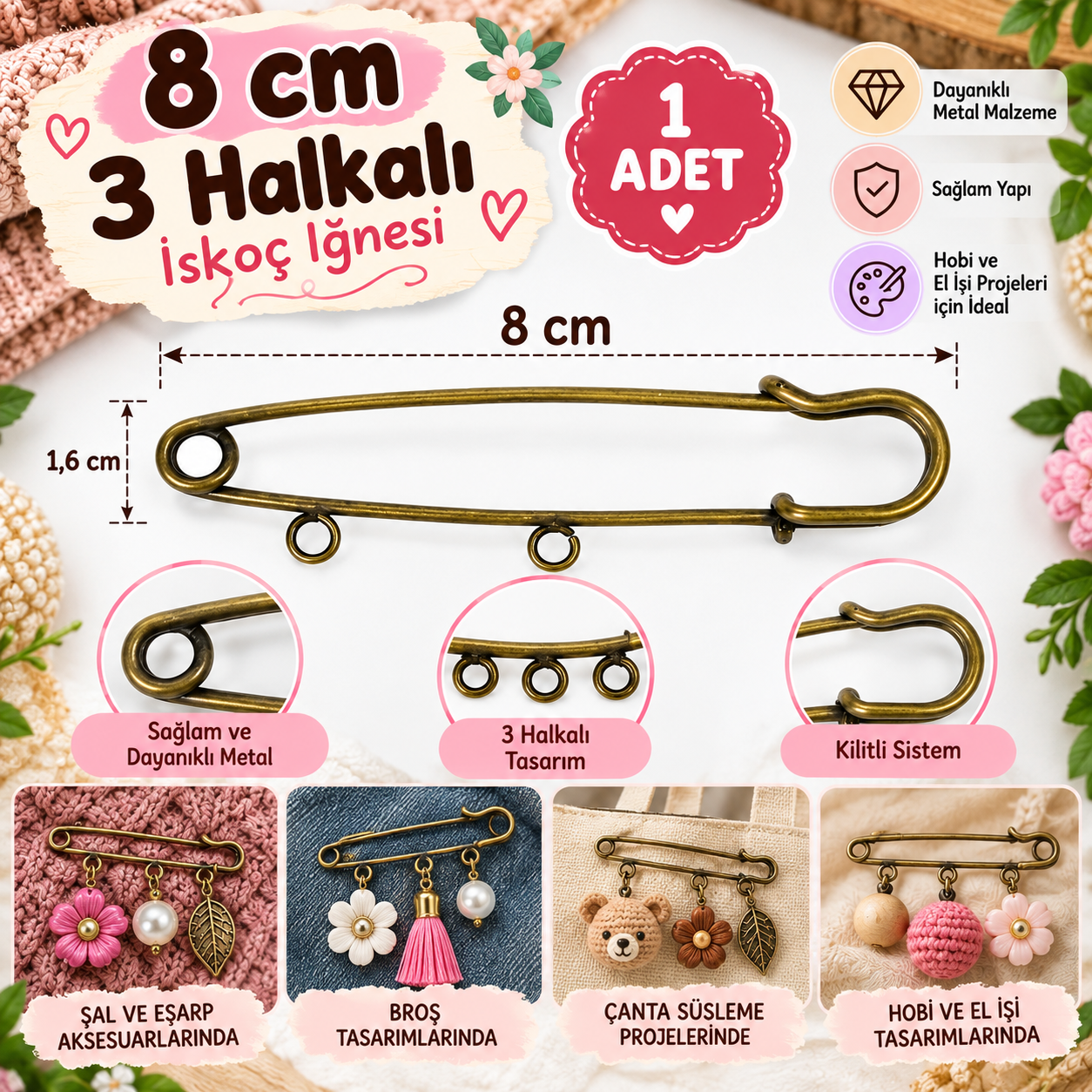 8 cm 3 Halkalı İskoç İğnesi – Antik Sarı Metal Şal, Broş ve Çanta Süsleme İğnesi (1 Adet)