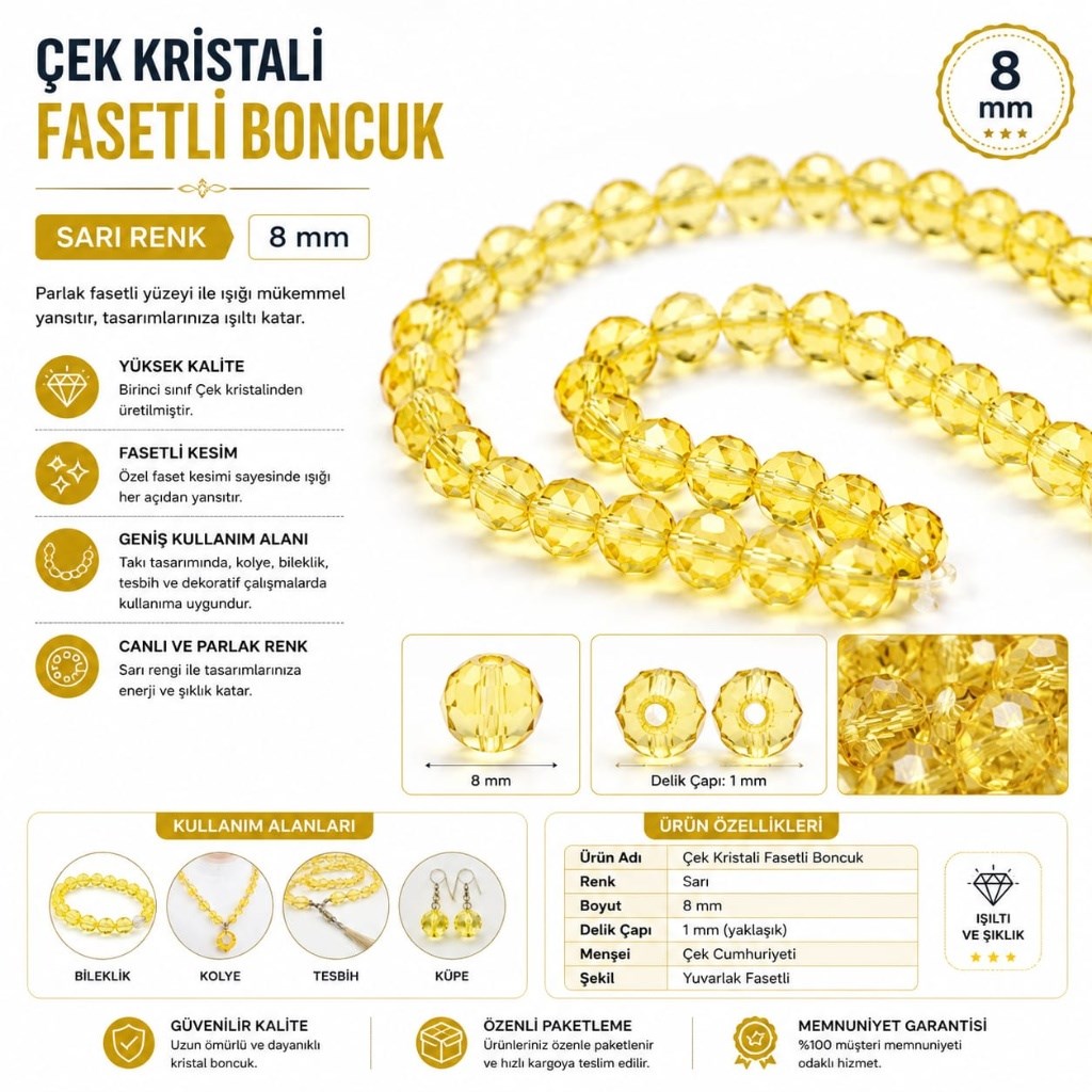 8 mm Çek Kristali Fasetli Boncuk - Sarı Renk (Dizide Yaklaşık 55-57 Adet)