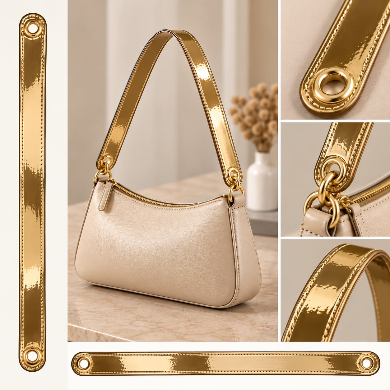 Açık Gold Parlak Metalik Rugan Deri Çanta Sapı – Gold Kuş Gözü Detaylı Çanta Askısı (2.5 cm x 58 cm)