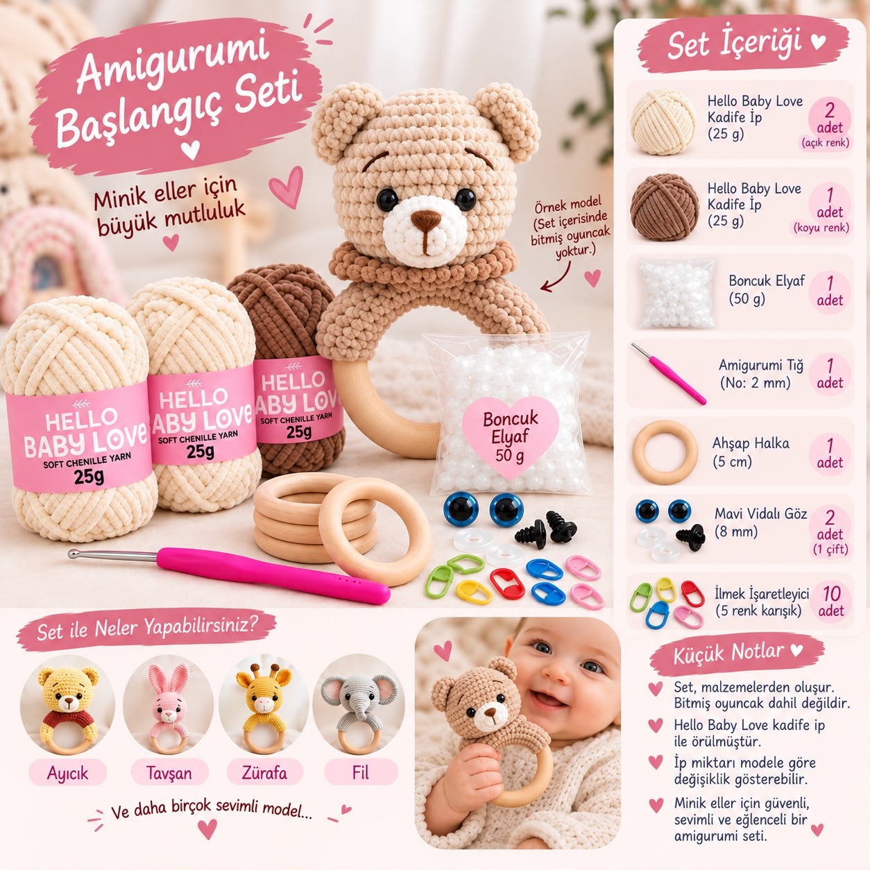 Amigurumi Başlangıç Seti – Kadife İpli Ayıcık ve Çıngırak Örgü Seti