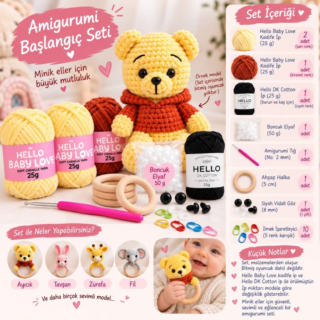 Amigurumi Başlangıç Seti – Sarı & Kiremit Kadife İpli Ayıcık ve Çıngırak Örgü Seti