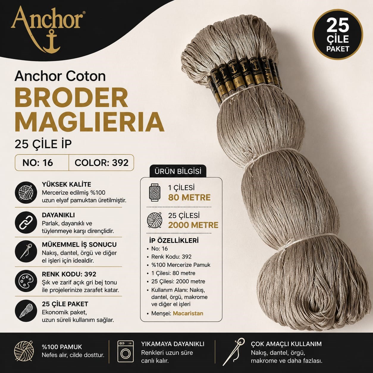 Anchor Coton Broder Maglieria No 16 Renk 392 Nakış İpi 25 Çile