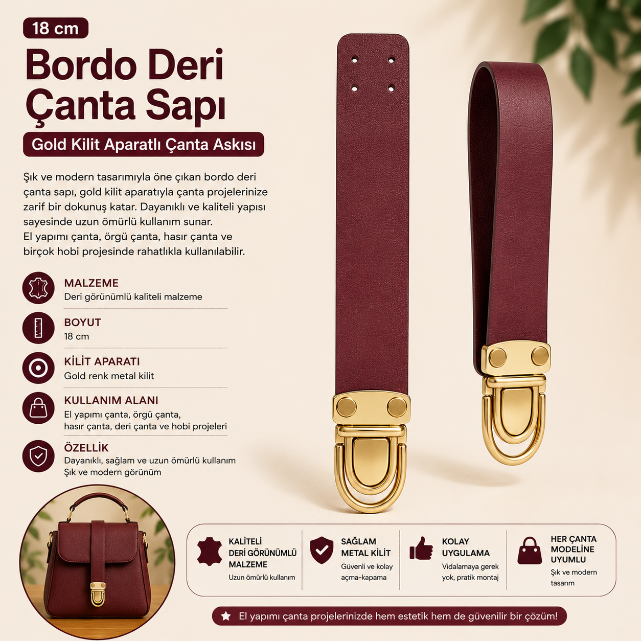 Bordo Deri Çanta Sapı – Gold Kilit Aparatlı Çanta Askısı 18 cm