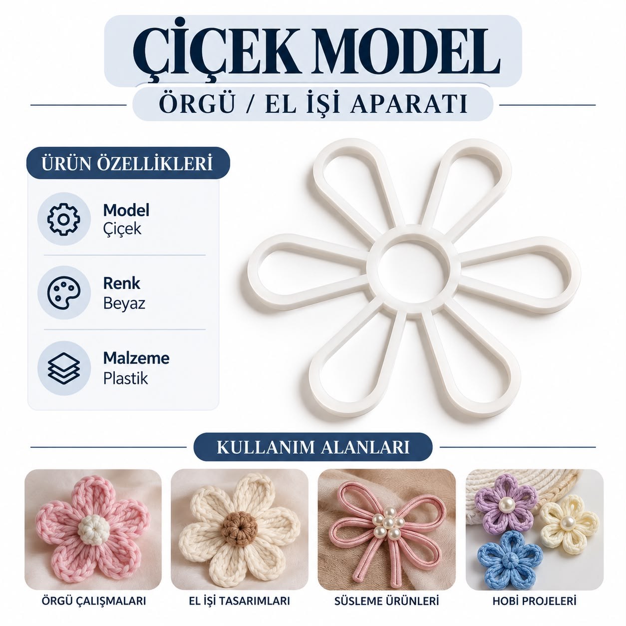 Çiçek Model Örgü Aparatı 8 cm Beyaz Plastik 10’lu Paket