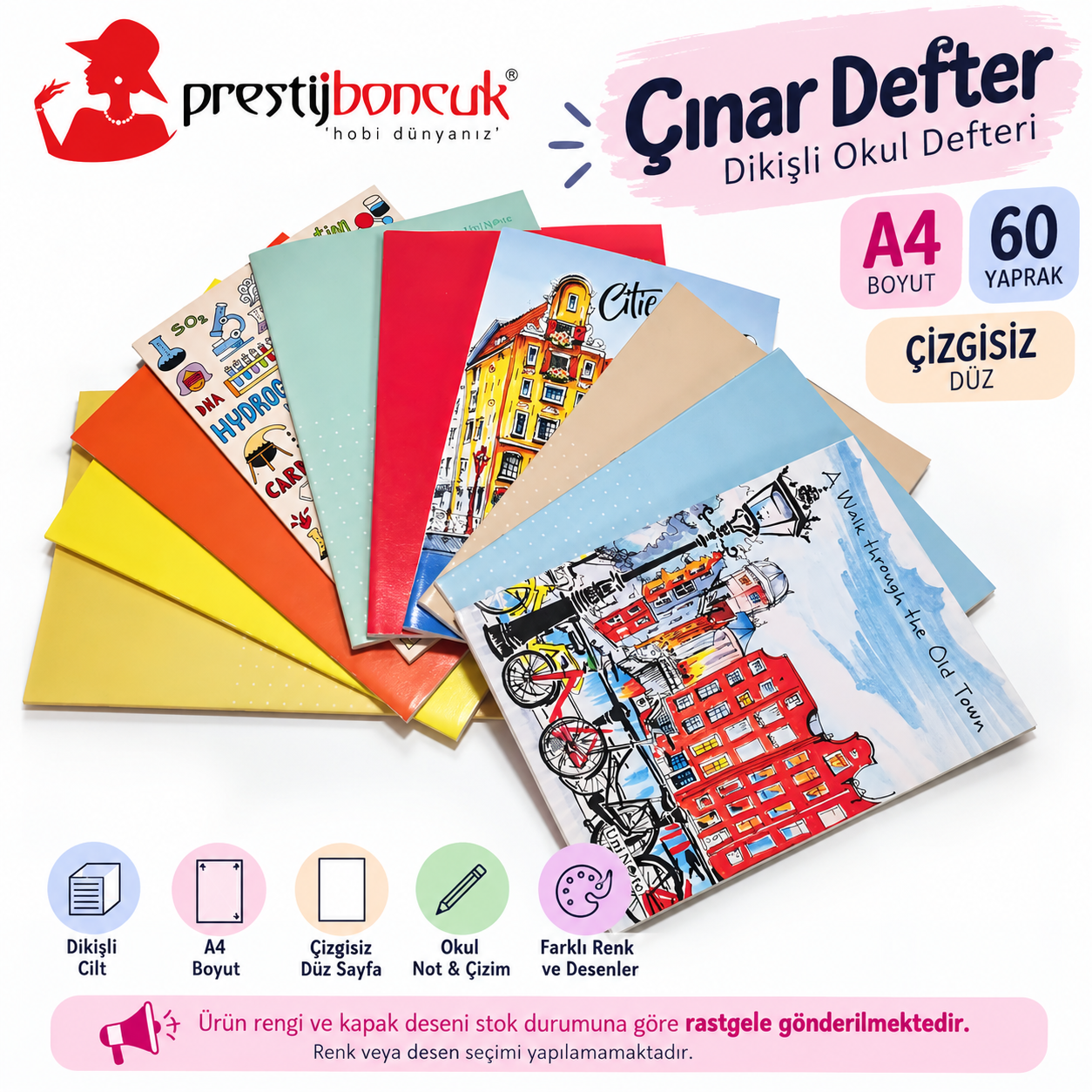 Çınar Defter Dikişli A4 60 Yaprak Çizgisiz Düz Okul Defteri