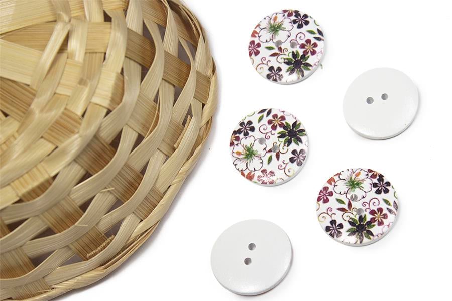 Desenli Dekoratif Ahşap Düğme Orta Boy Beyaz 3824