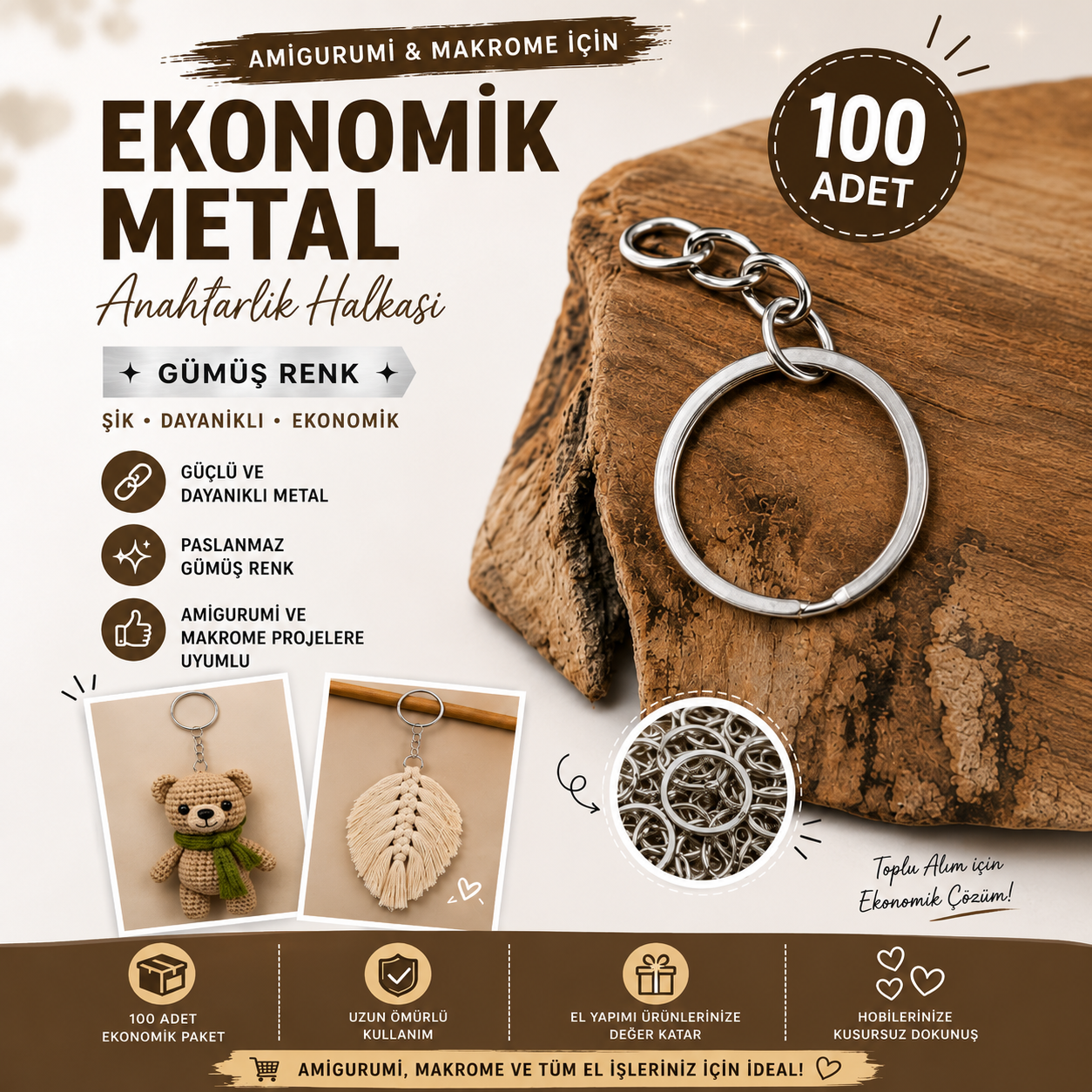 Ekonomik Metal Anahtarlık Halkası Gümüş Renk 100 adet Amigurumi ve Makrome Anahtarlık Halkası 