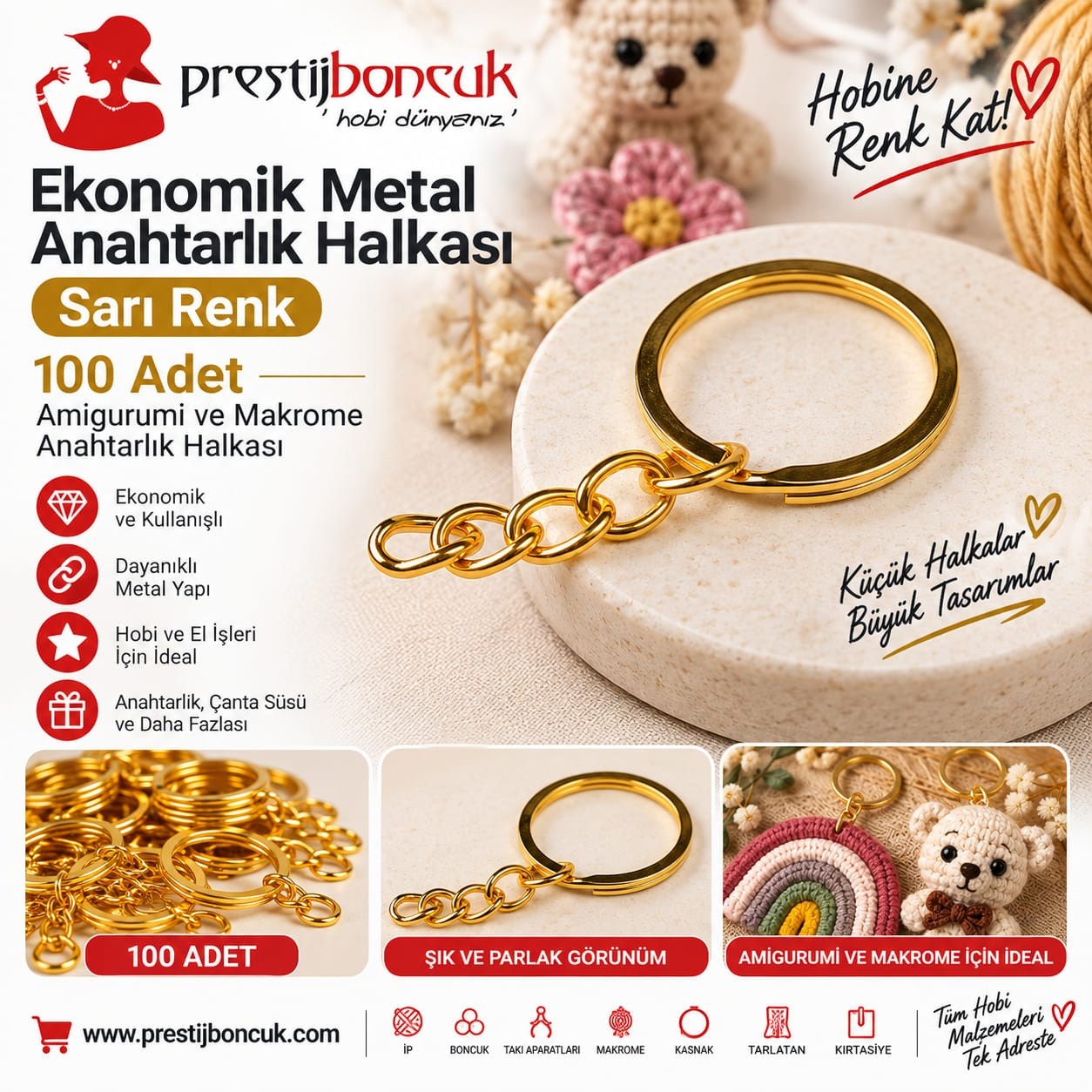 Ekonomik Metal Anahtarlık Halkası Sarı Renk 100 Adet Amigurumi Ve Makrome Anahtarlık Halkası