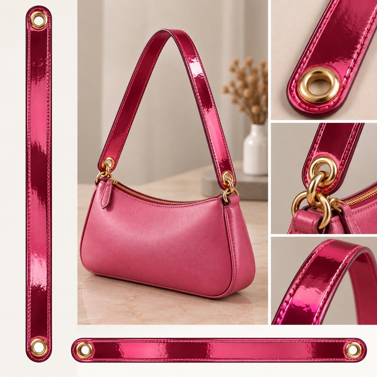 Fuşya Parlak Metalik Rugan Deri Çanta Sapı – Gold Kuş Gözü Detaylı Çanta Askısı (2.5 cm x 58 cm)