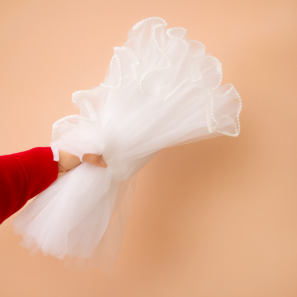 Gelin Buketi Tülü Beyaz Renk Fırfırlı Ve Incili Lüks Tül Kumaş 48 cm x 4 Metre