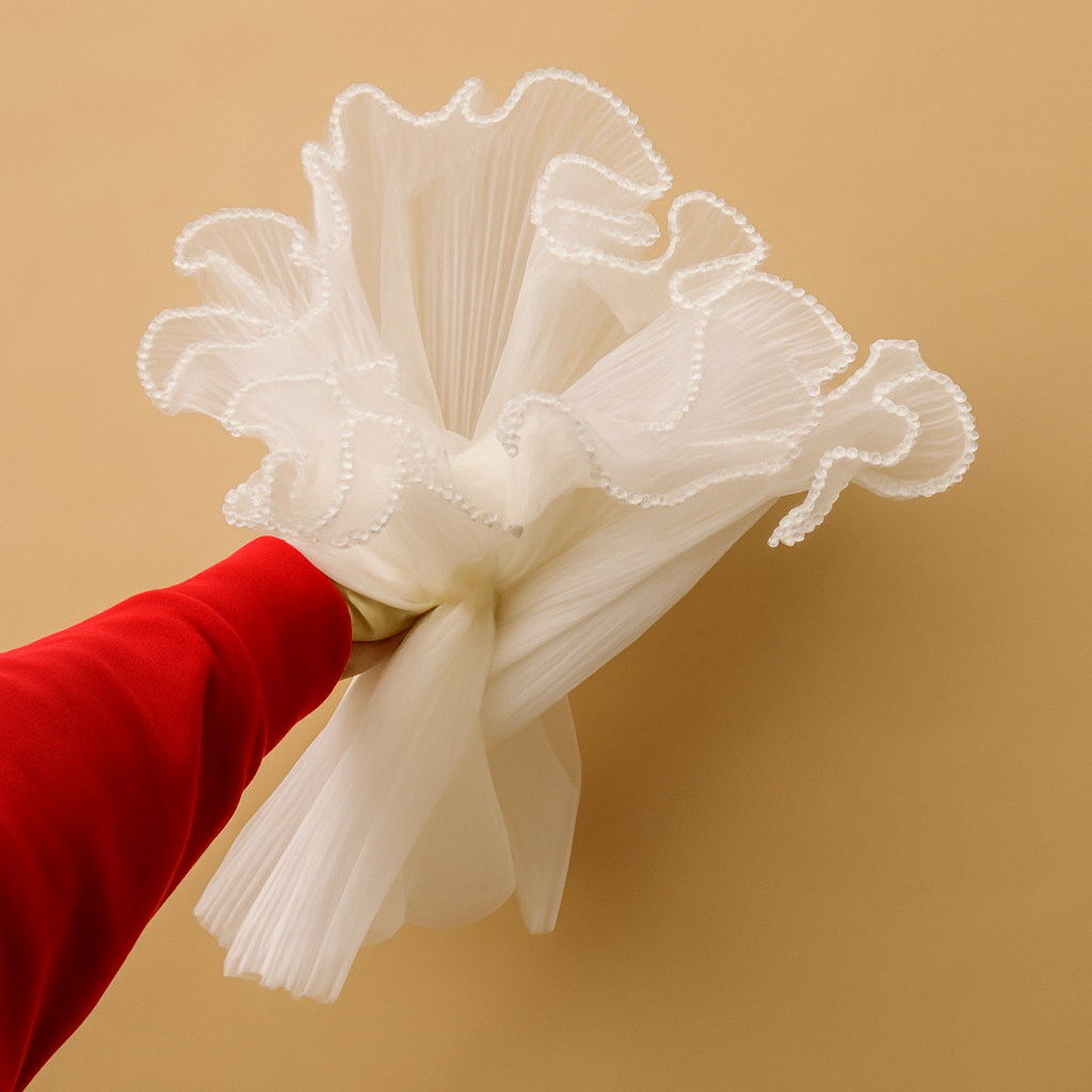 Gelin Buketi Tülü Krem Renk Fırfırlı Ve Incili Lüks Tül Kumaş 48 cm x 4 Metre