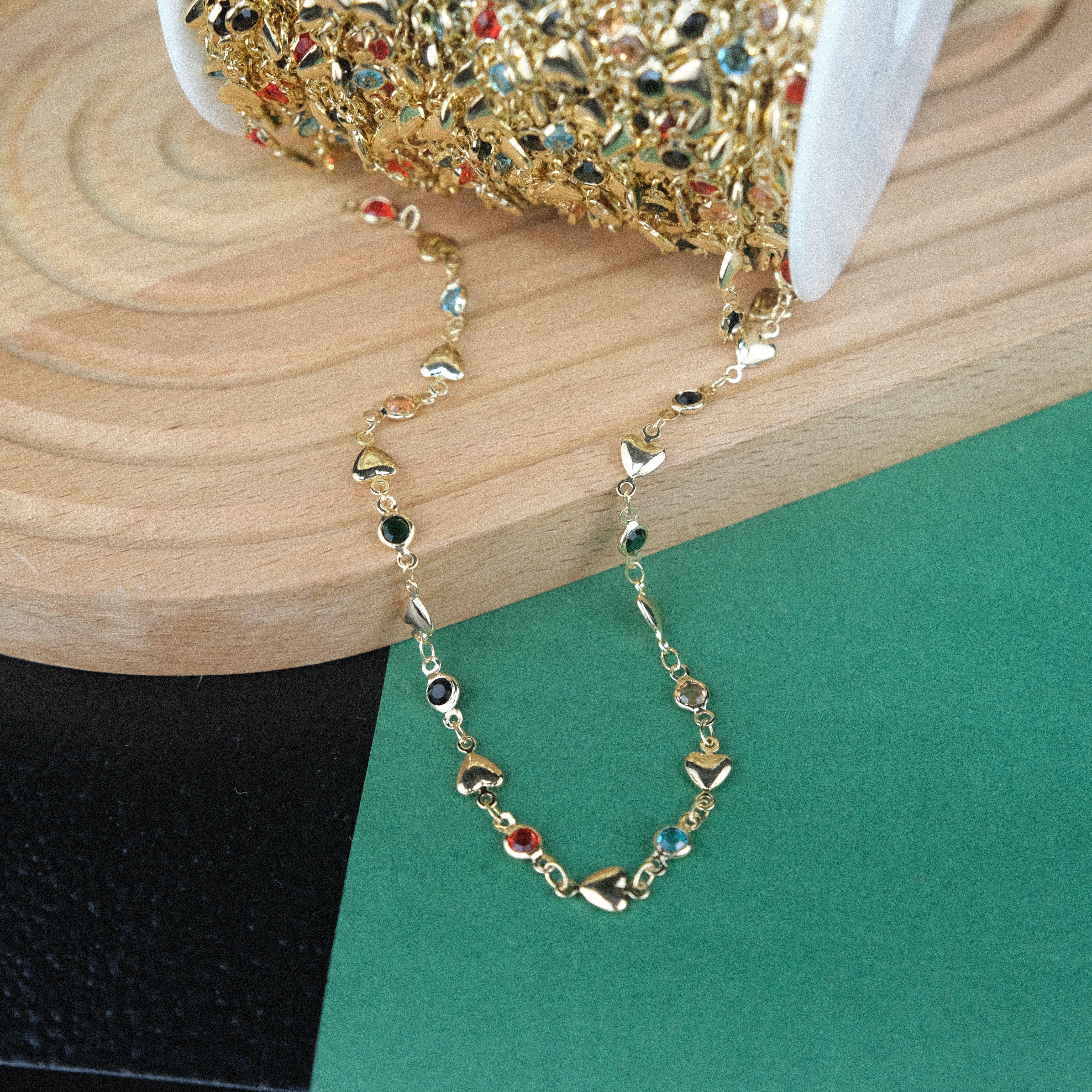 Gold Metal Zincir Metal Kalp Boncuk Detaylı Zincir Gözlük Zinciri Y Kolye Zinciri 1 Metre