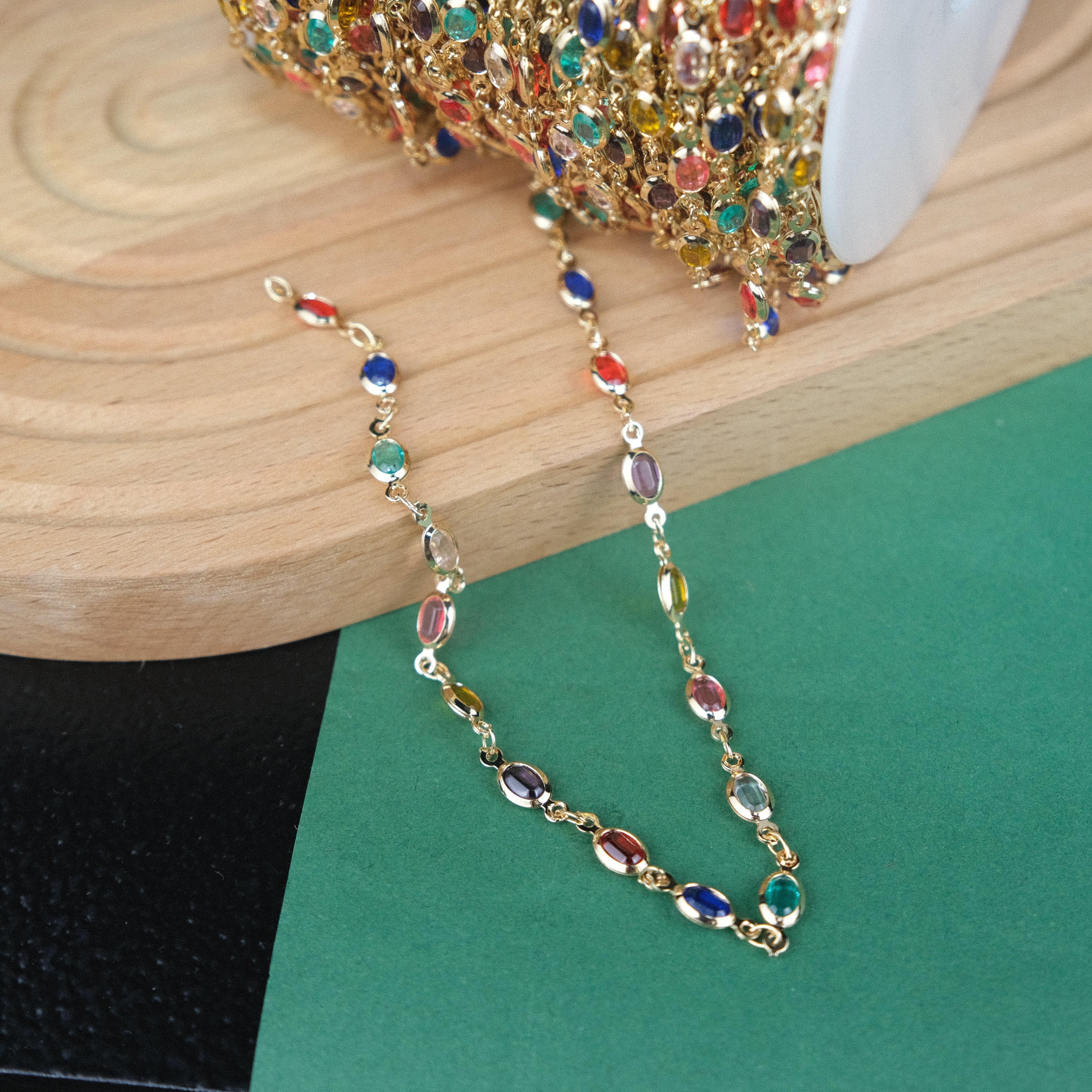 Gold Metal Zincir Oval Karışık Renkli Boncuklu Zincir Gözlük Zinciri Y Kolye Zinciri 1 Metre