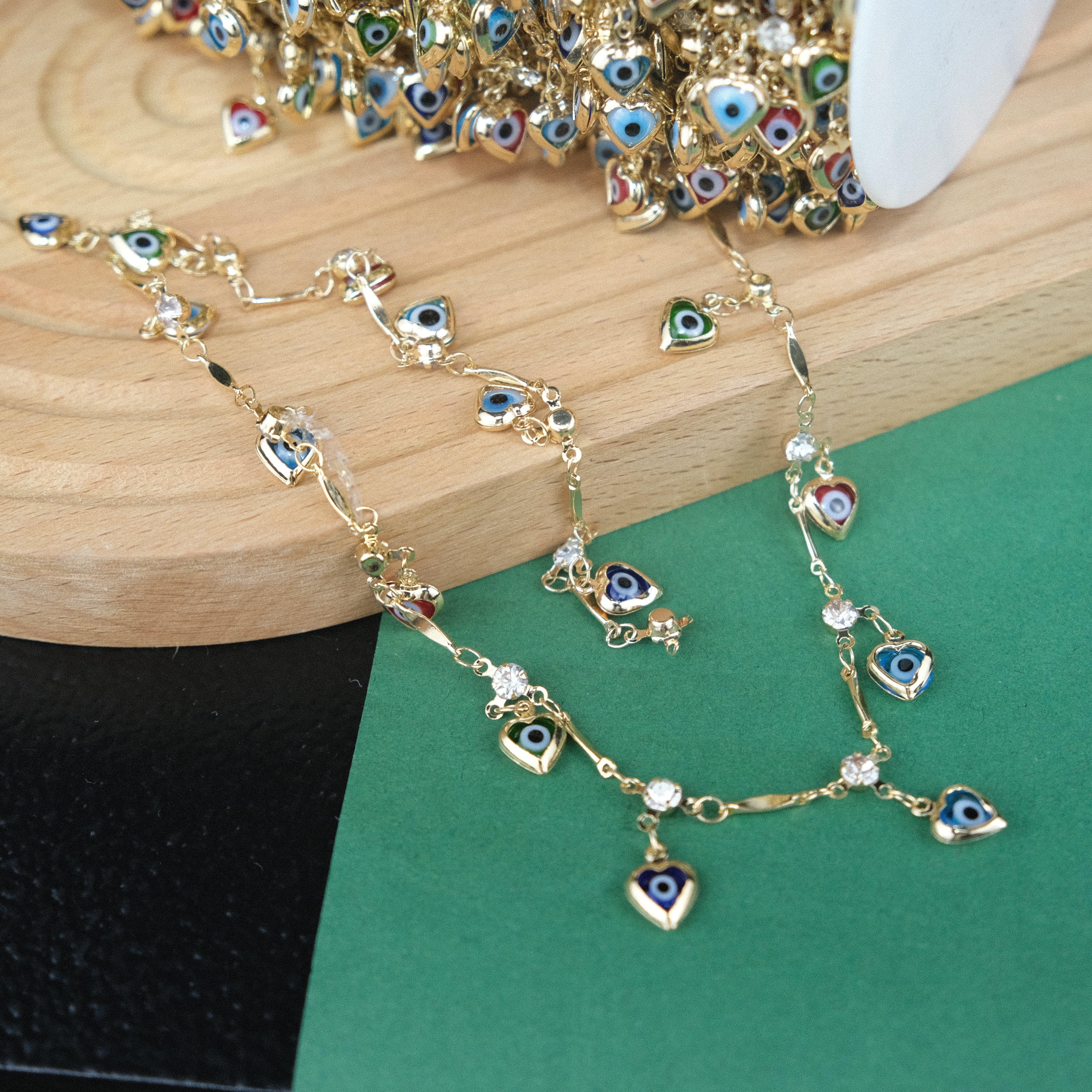 Gold Metal Zincir Sallantılı Renkli Nazar Boncuklu Zincir Gözlük Zinciri Y Kolye Zinciri 1 Metre