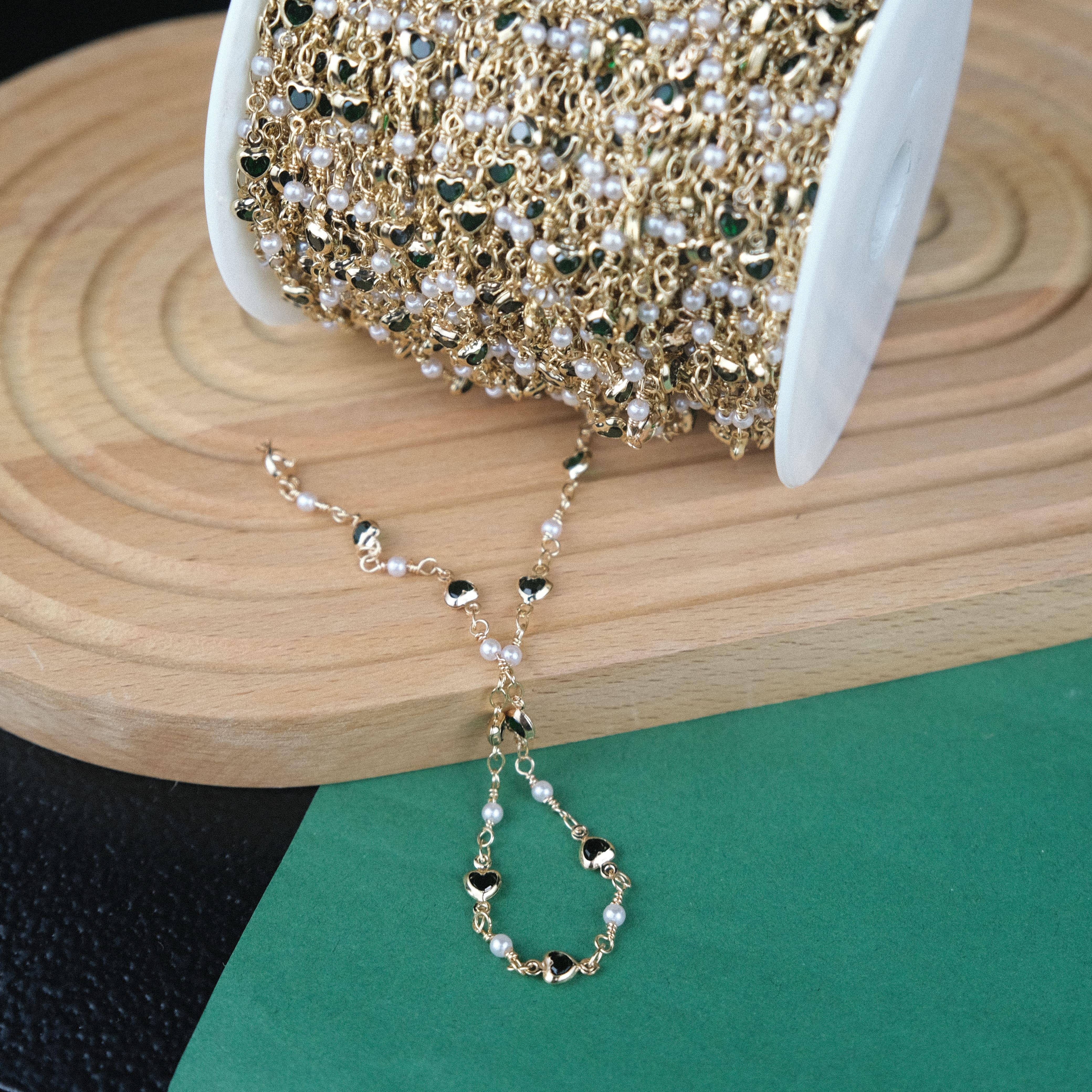 Gold Metal Zincir Yeşil Kalp Boncuk İnci Detaylı Zincir Gözlük Zinciri Y Kolye Zinciri 1 Metre