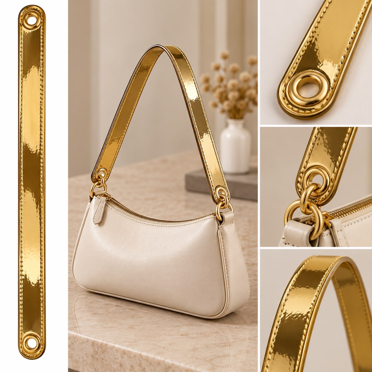 Gold Parlak Metalik Rugan Deri Çanta Sapı – Gold Kuş Gözü Detaylı Çanta Askısı (2.5 cm x 58 cm)