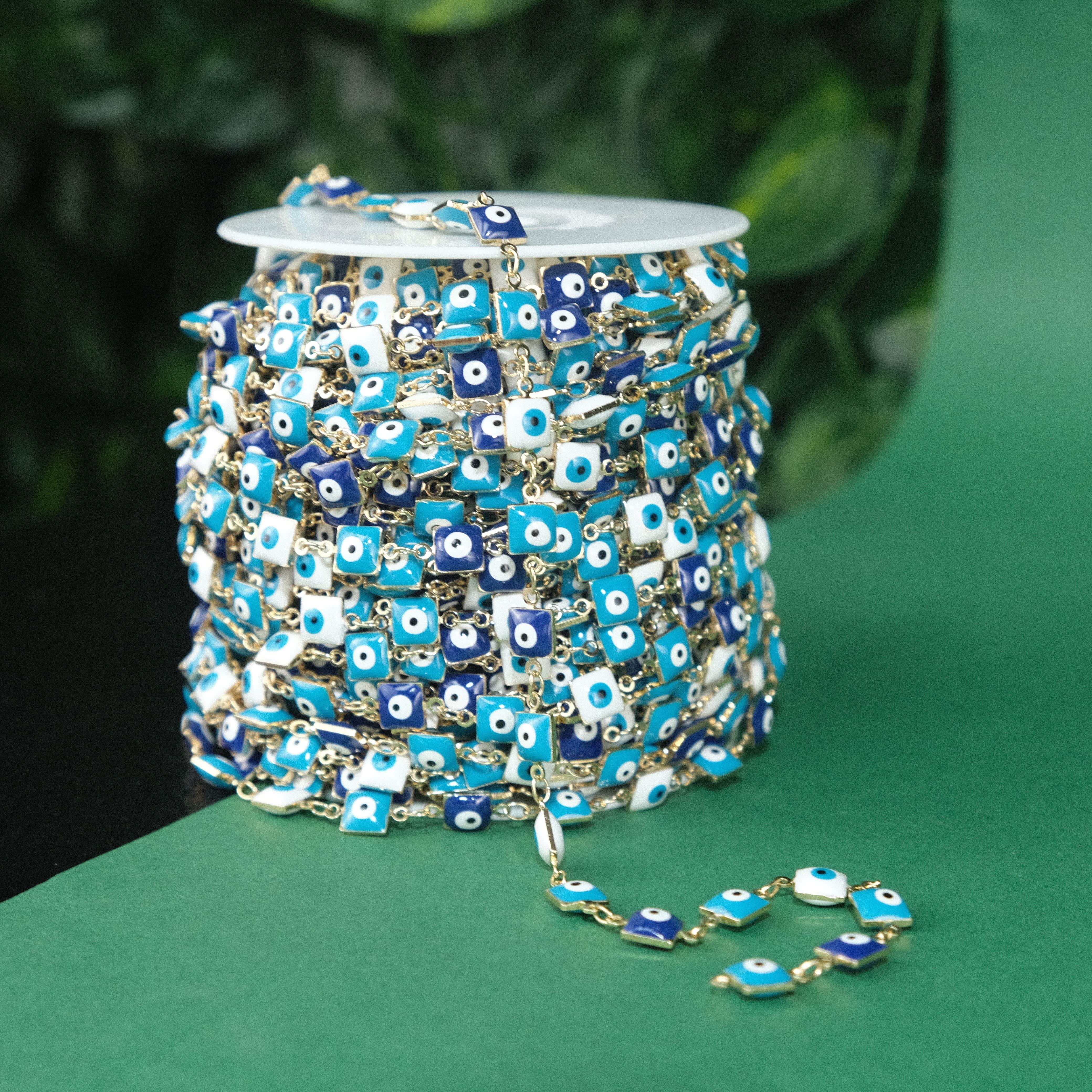 Gold Renkli Metal Zincir Kare Nazar Boncuklu Zincir Gözlük Zinciri Y Kolye Zinciri 1 Metre