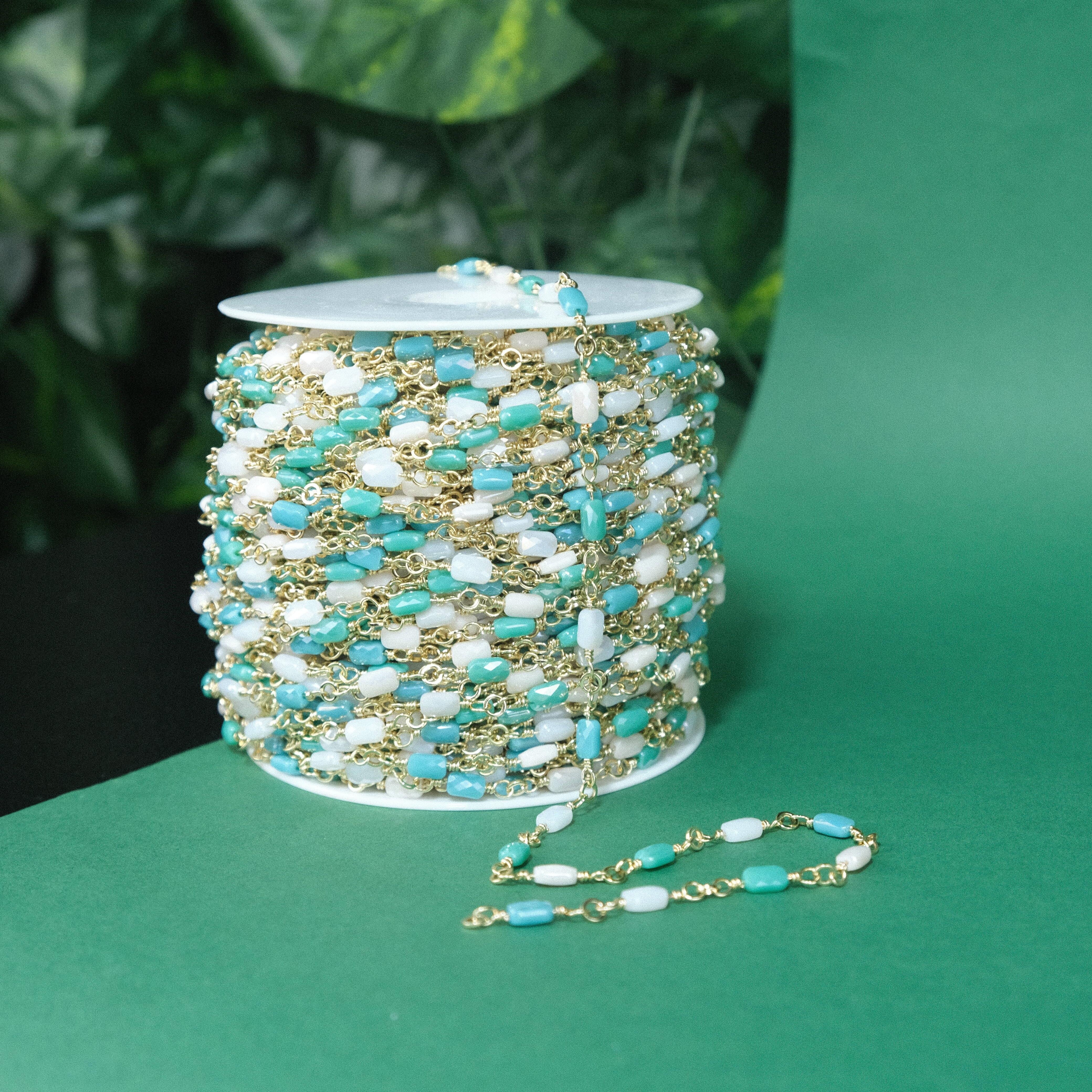 Gold Renkli Metal Zincir Mavi Beyaz Boncuklu Zincir Gözlük Zinciri Y Kolye Zinciri 1 Metre