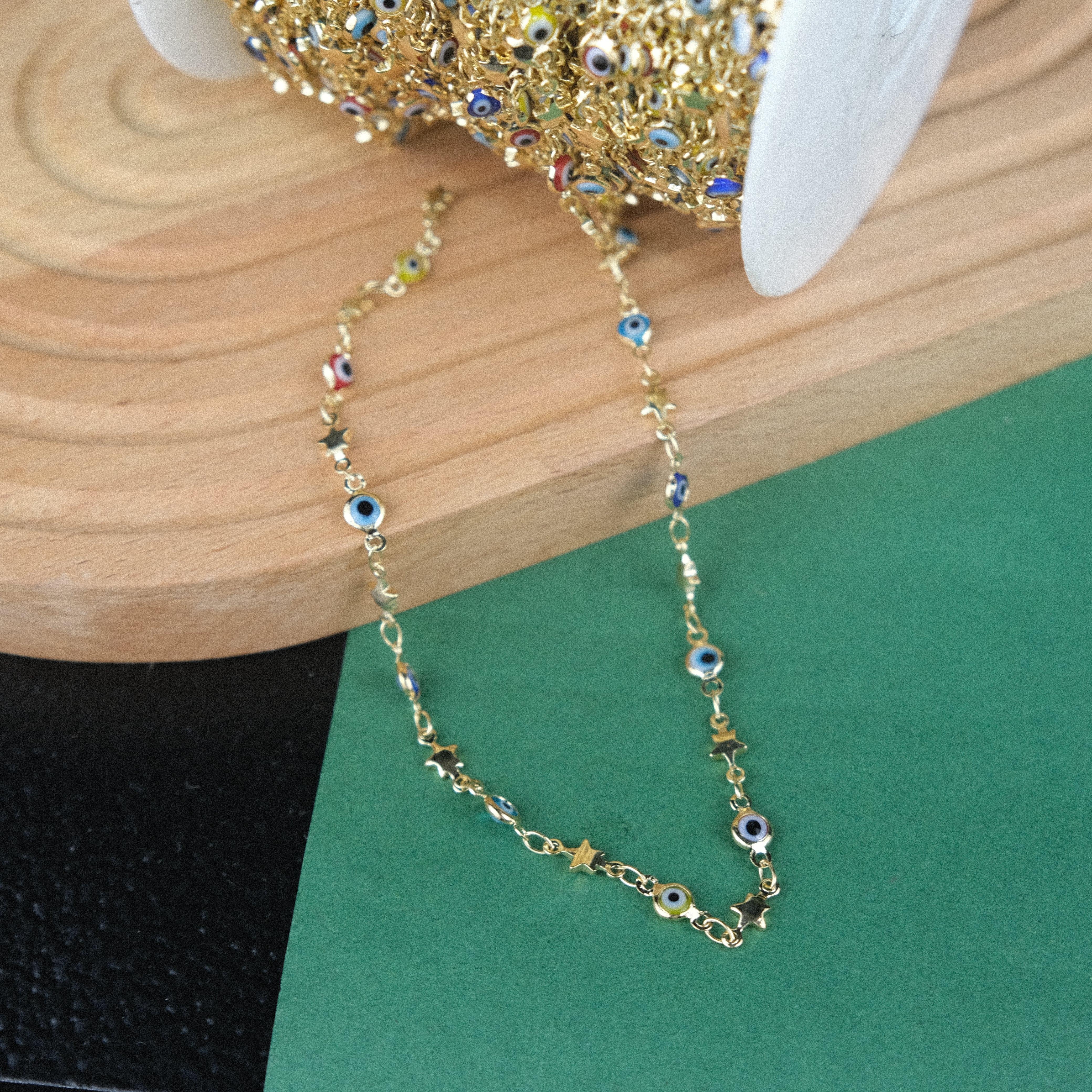 Gold Renkli Metal Zincir Mavi Nazar Boncuklu Zincir  Yıldız Figürlü Gözlük Zinciri Y Kolye Zinciri 1 Metre