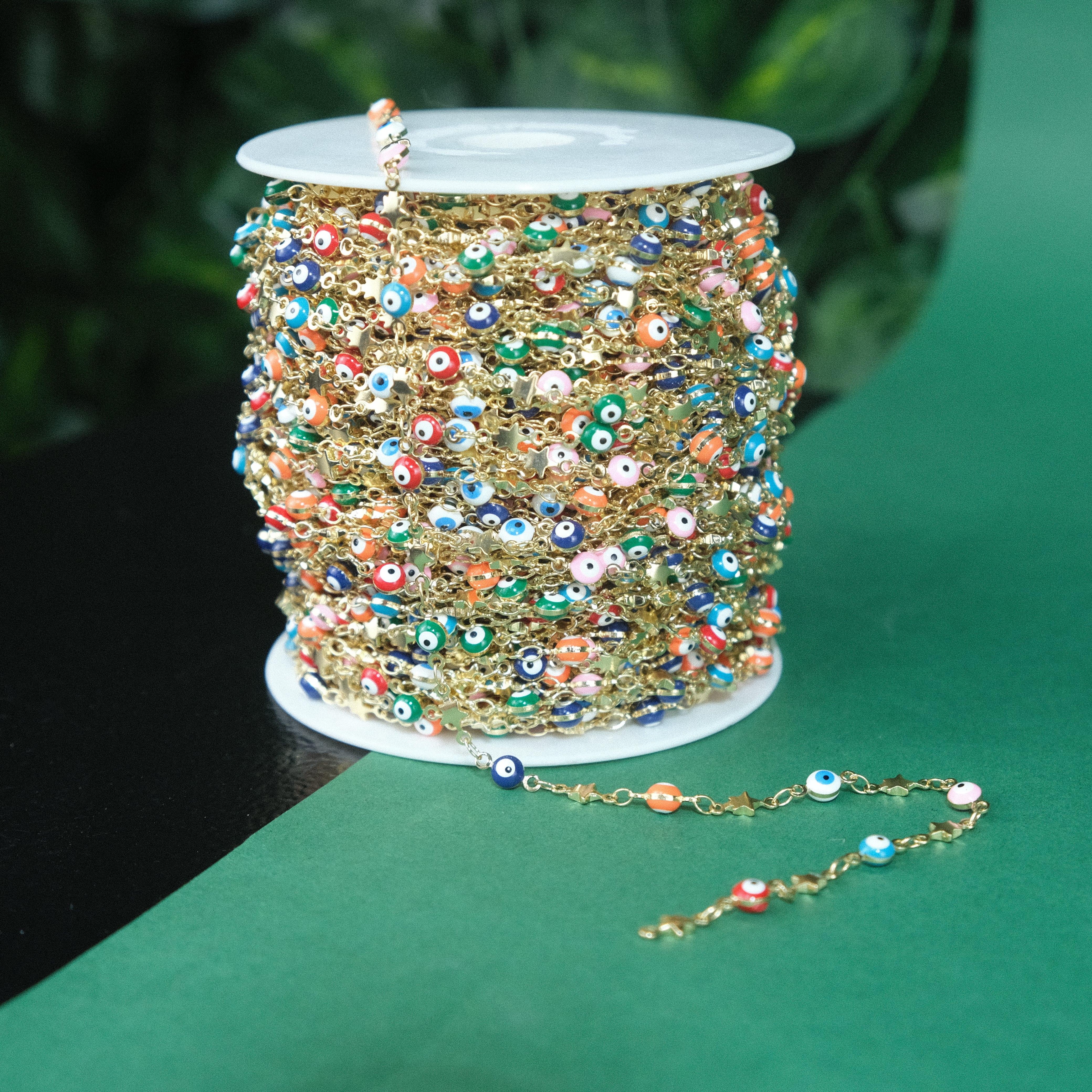 Gold Renkli Metal Zincir Nazar Boncuklu Zincir  Yıldız Figürlü Gözlük Zinciri Y Kolye Zinciri 1 Metre