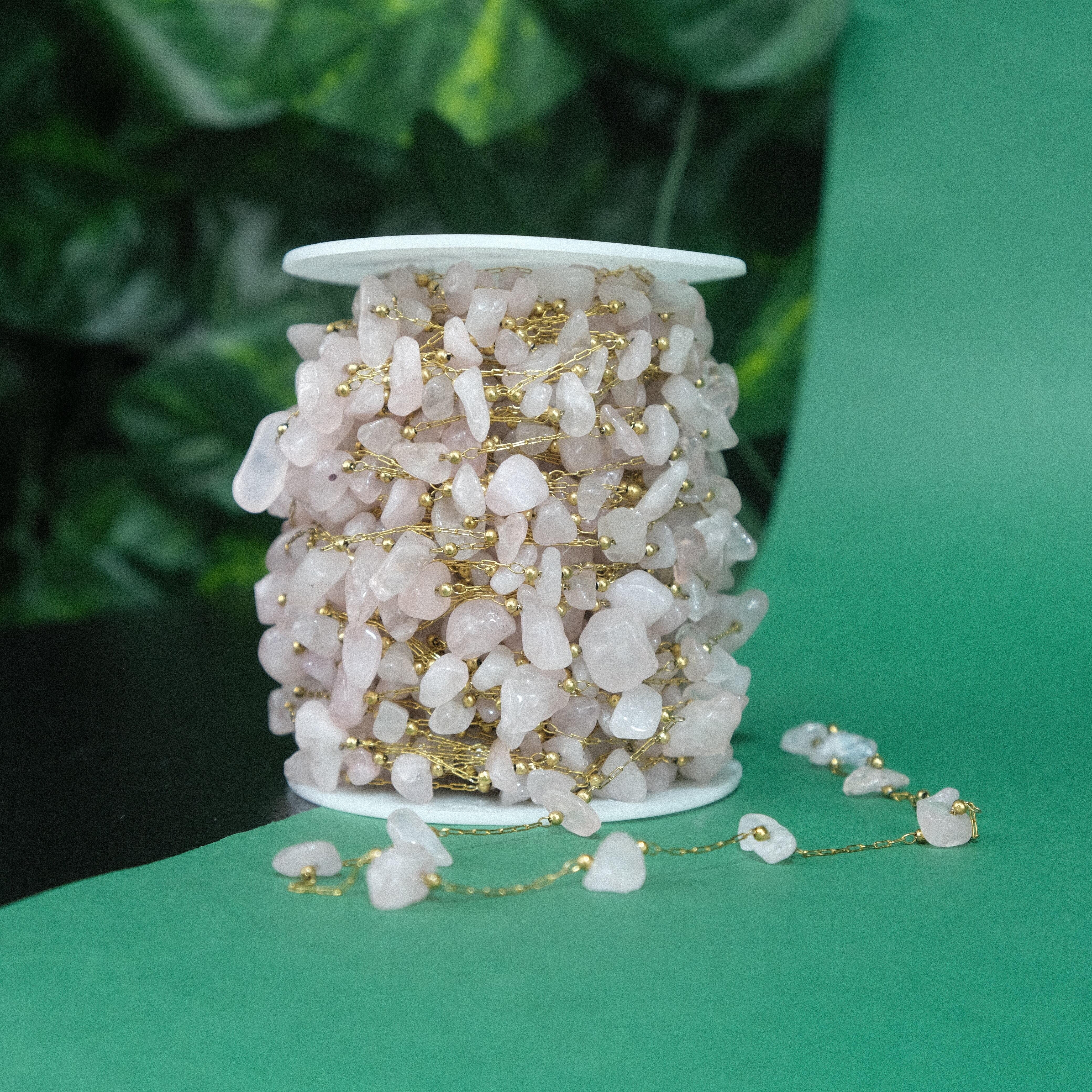 Gold Renkli Metal Zincir Pembe Kırık Doğaltaşlı Zincir Gözlük Zinciri Y Kolye Zinciri 1 Metre