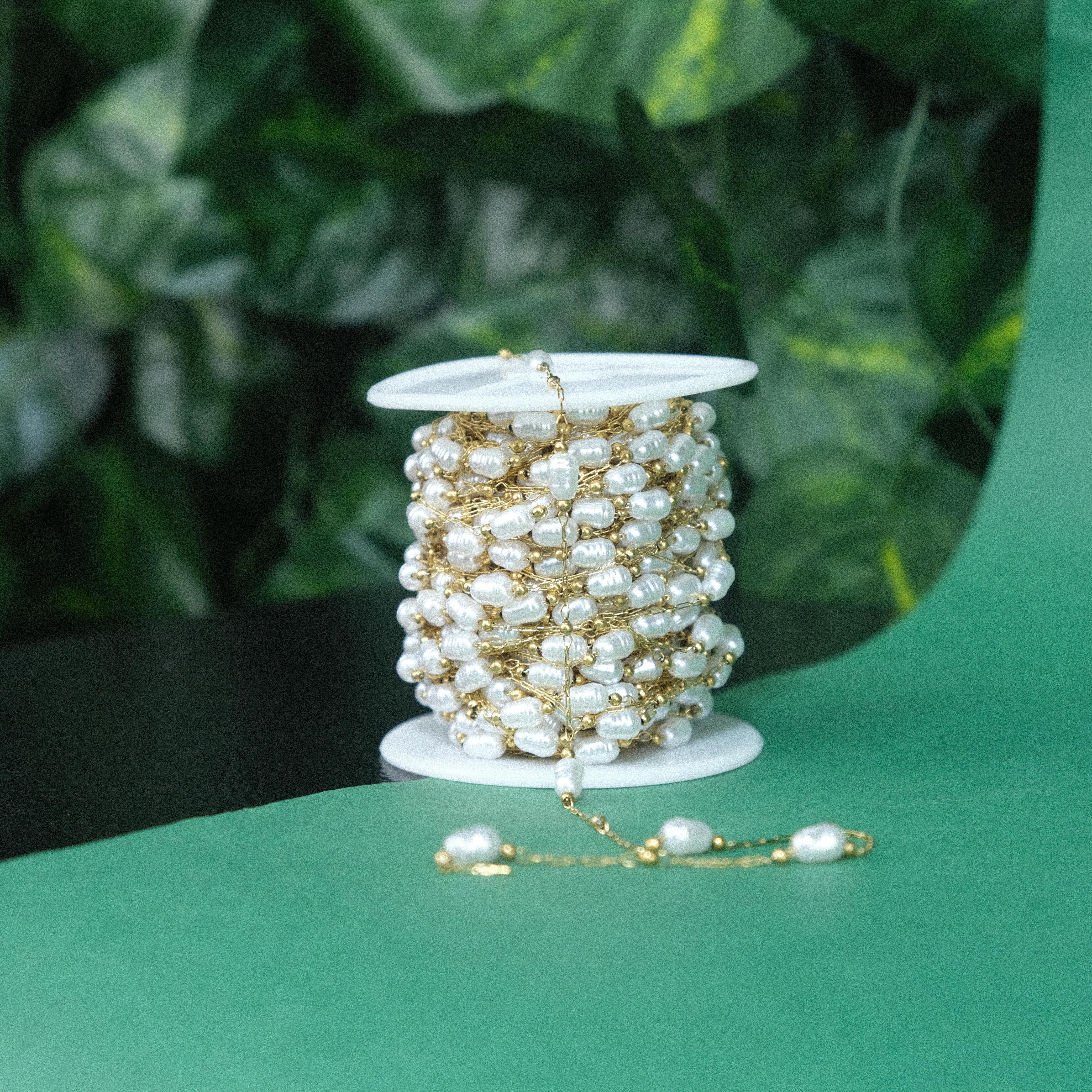 Gold Renkli Metal Zincir Sarı Doğal İnci Görünümlü Zincir Gözlük Zinciri Y Kolye Zinciri 1 Metre