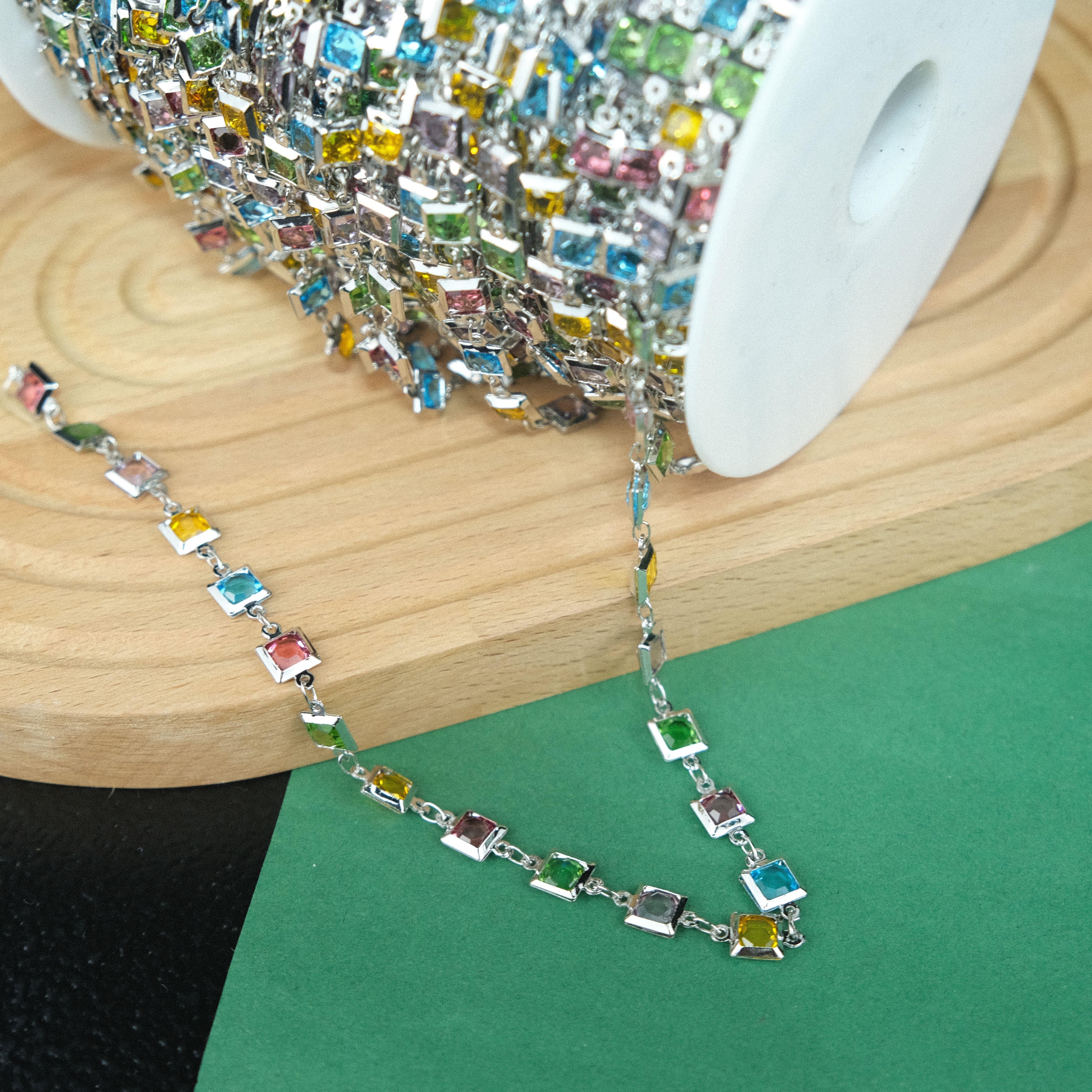 Gümüş Metal Zincir Kare Karışık Renk Boncuklu Zincir Gözlük Zinciri Y Kolye Zinciri 1 Metre