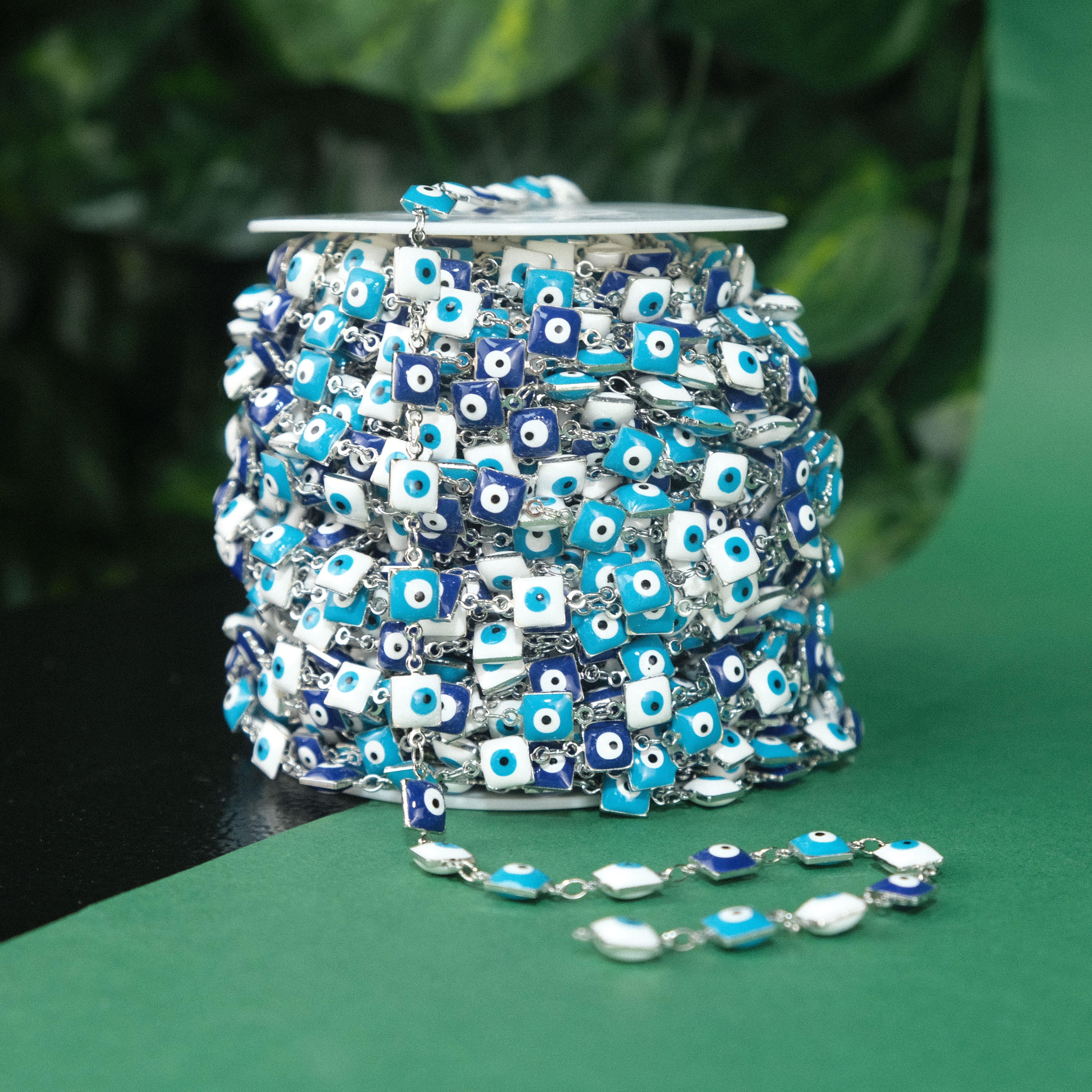 Gümüş Renkli Metal Zincir Kare Nazar Boncuklu Zincir Gözlük Zinciri Y Kolye Zinciri 1 Metre