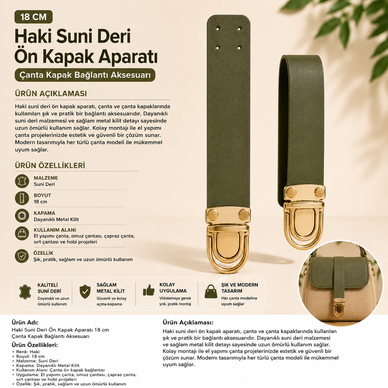 Haki Suni Deri Ön Kapak Aparatı Gold Metal Kilitli 18 cm
