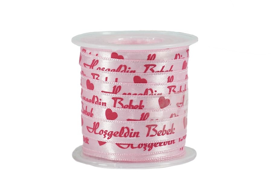 Hoşgeldin Bebek Desenli Pembe Saten Kurdele 1 cm