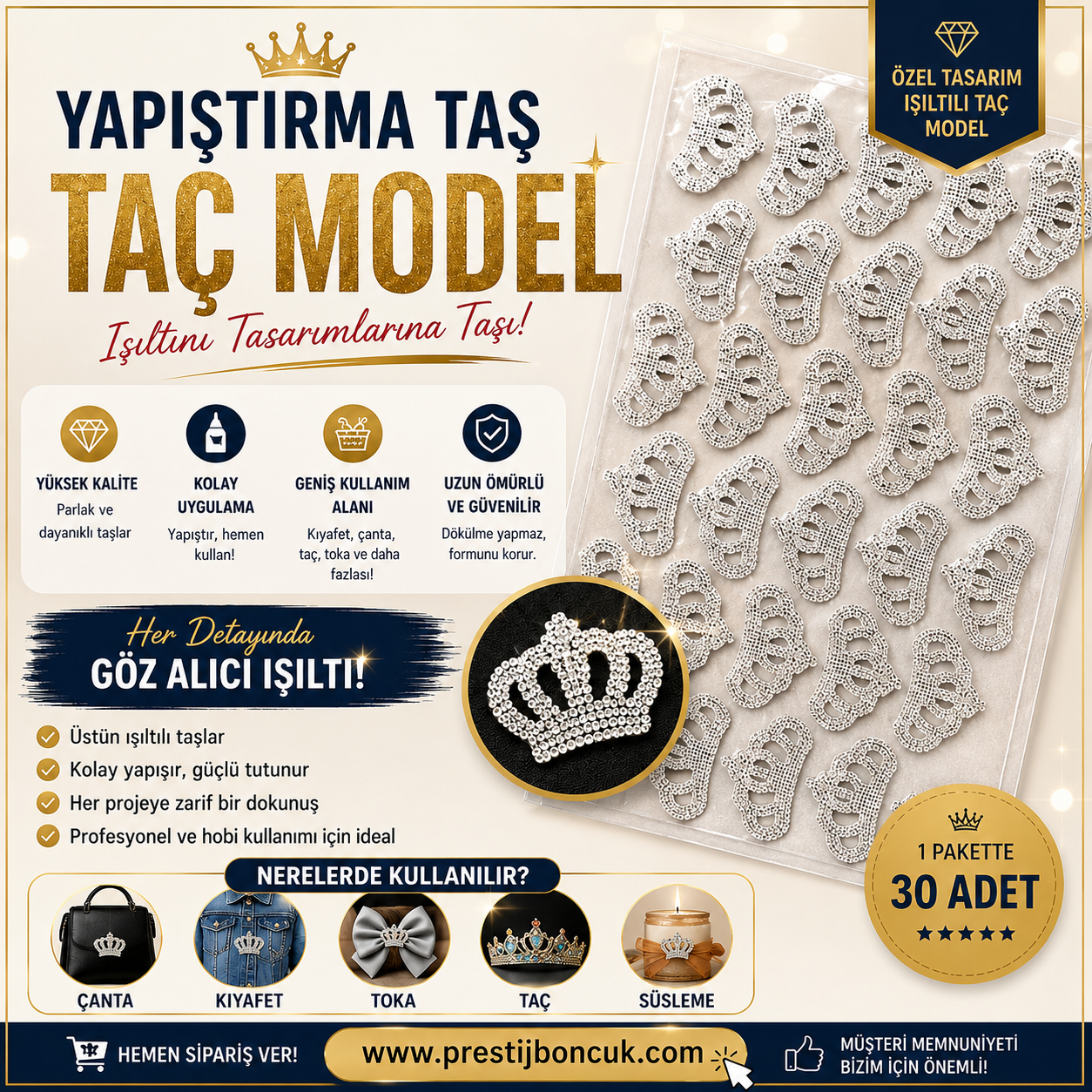 Işıltılı Yapıştırma Taş Taç Model  30 Adet