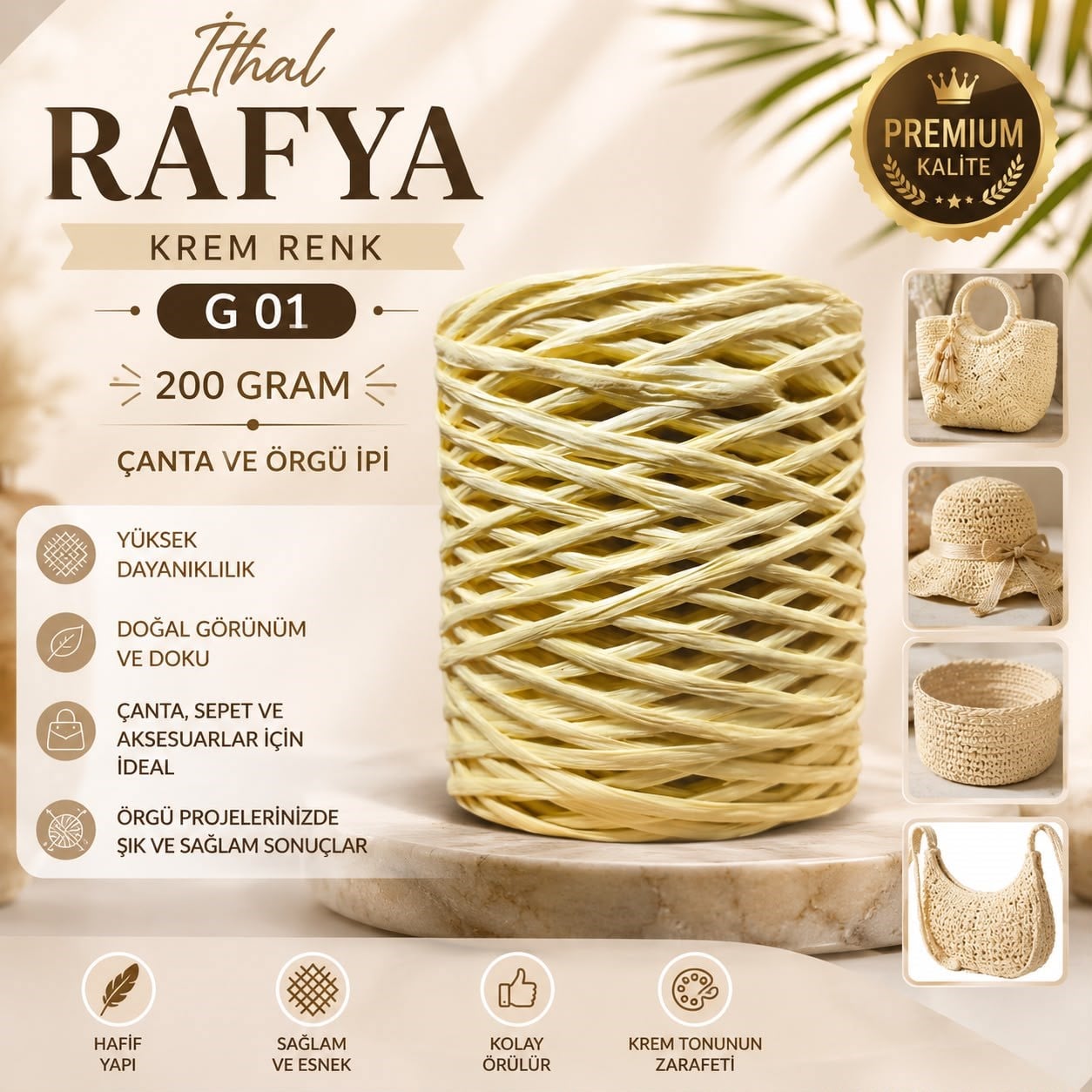 İthal Kağıt Rafya Çanta ve Hobi İpi Krem 200 gr - G01