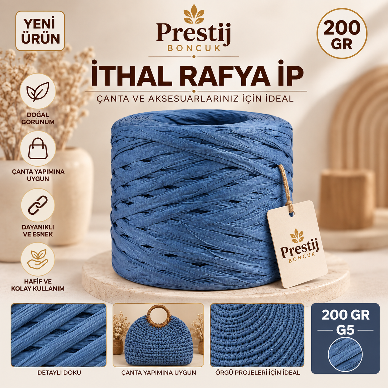 İthal Rafya İp 200 Gr G5 Denim Mavi – Çanta ve Örgü Yapımı İçin Rafya İpi