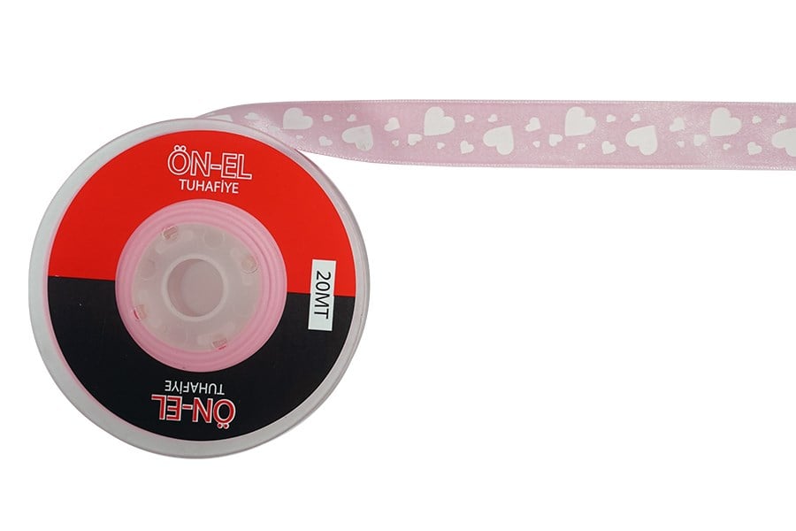 Kalp Desenli Pembe Saten Kurdele 2 cm