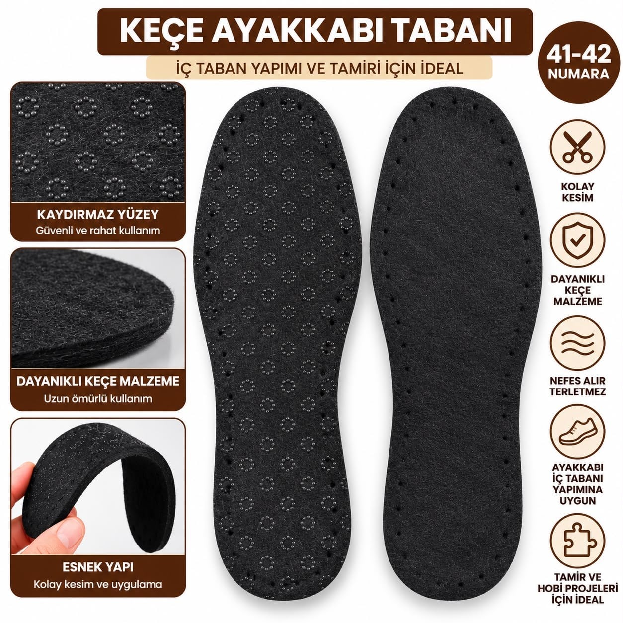 Kaydırmaz Patiklik Keçe Taban – El Örgüsü Patik & Ev Ayakkabısı İç Tabanı (41-42 Numara)