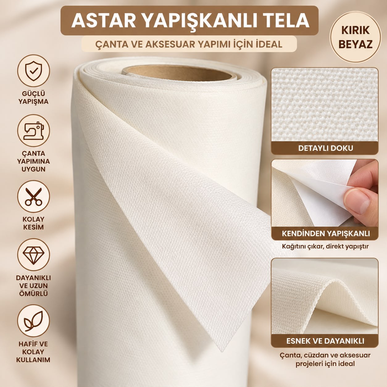 Kendinden Yapışkanlı Çanta Telası 80 x 50 cm – Beyaz Renk Astar Tela