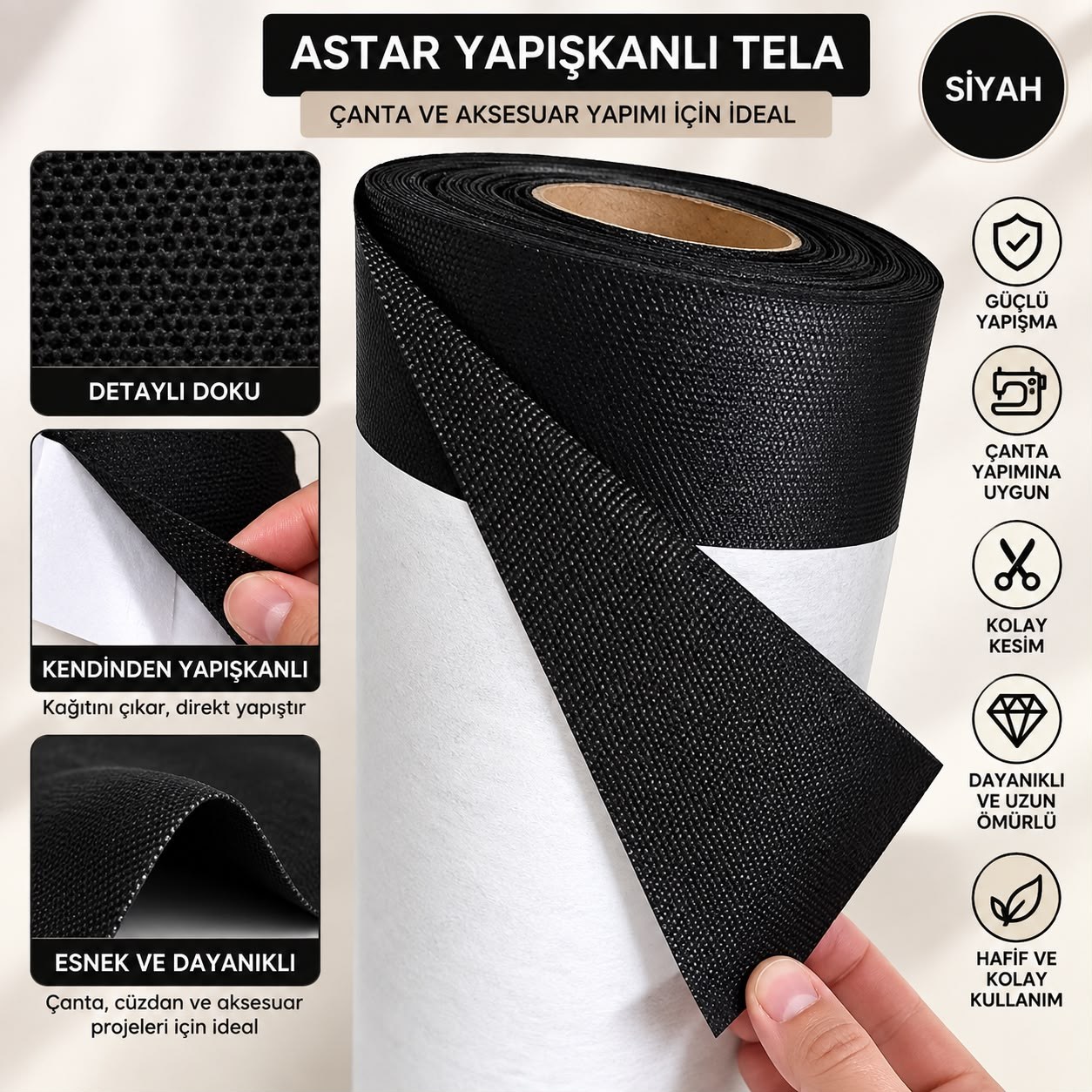 Kendinden Yapışkanlı Çanta Telası 80 x 50 cm – Siyah Renk Astar Tela