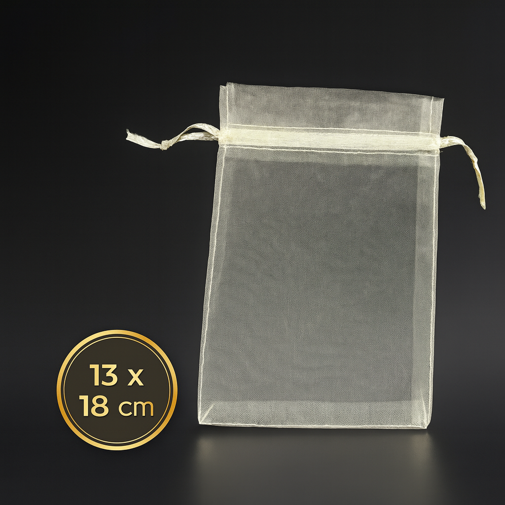 Krem Organze Şeffaf Tül Kese 100 Adet 13 x 18 cm Kına Çerez Kuruyemiş Altın Takı Söz Bohça Hediyelik Kese