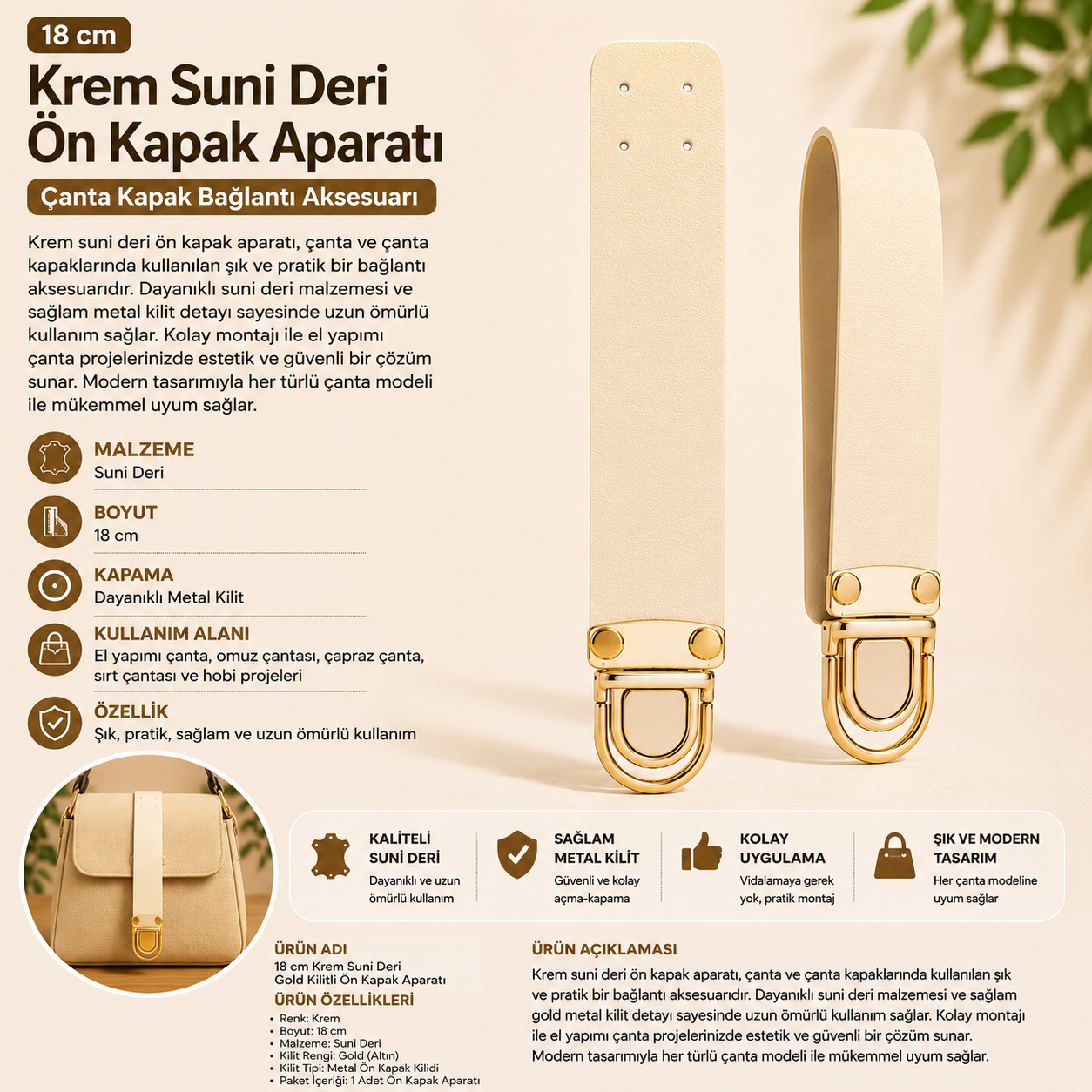 Krem Suni Deri Gold Kilitli Ön Kapak Aparatı 18 CM