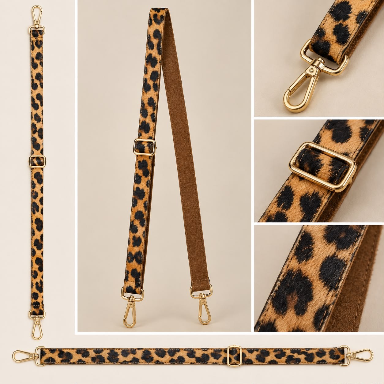 Leopar Desenli Ayarlanabilir Çanta Sapı – Gold Klipsli Çapraz Omuz Askısı (2 cm x 125 cm)