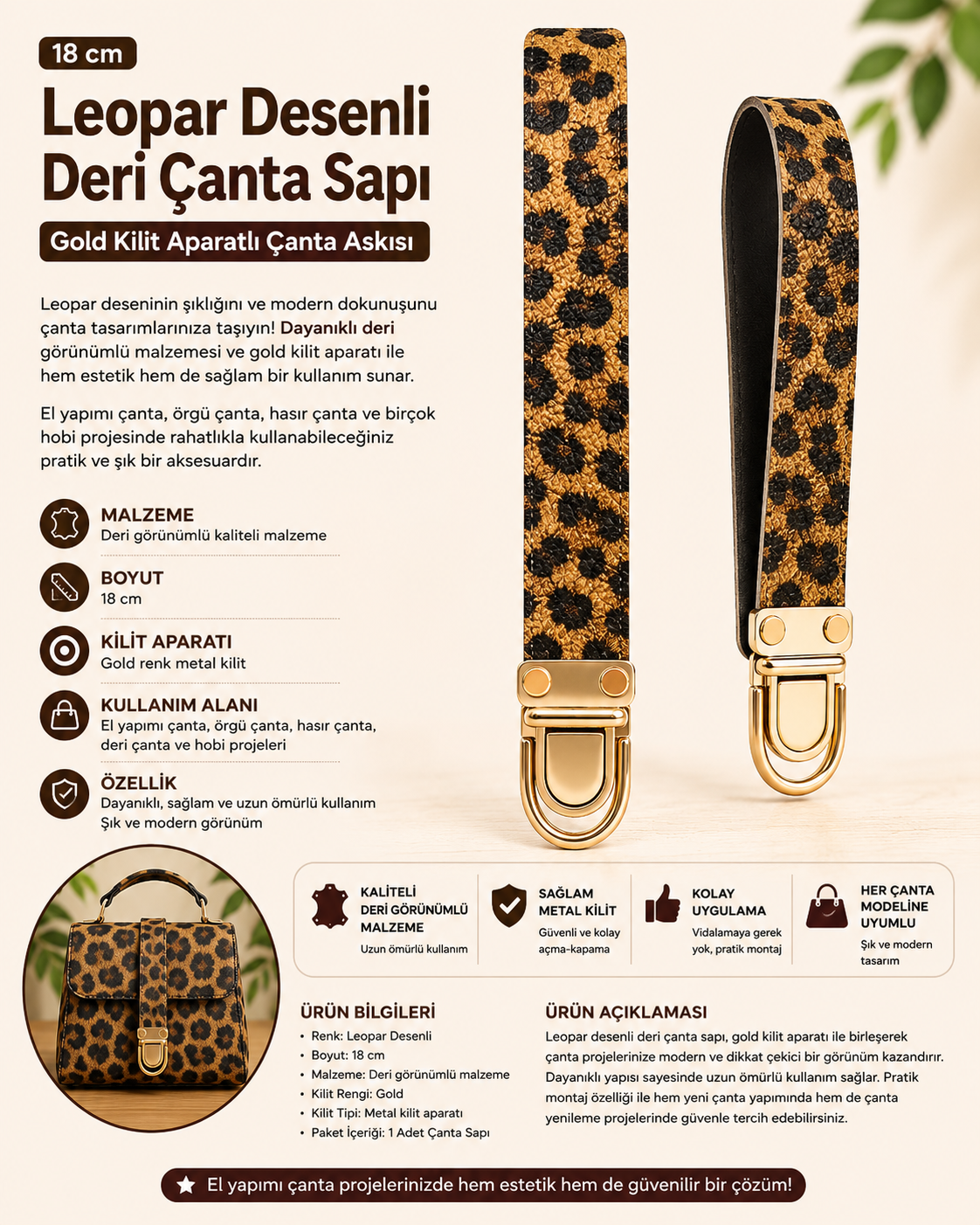 Leopar Desenli Deri Çanta Sapı – Gold Kilit Aparatlı Çanta Askısı 18 cm