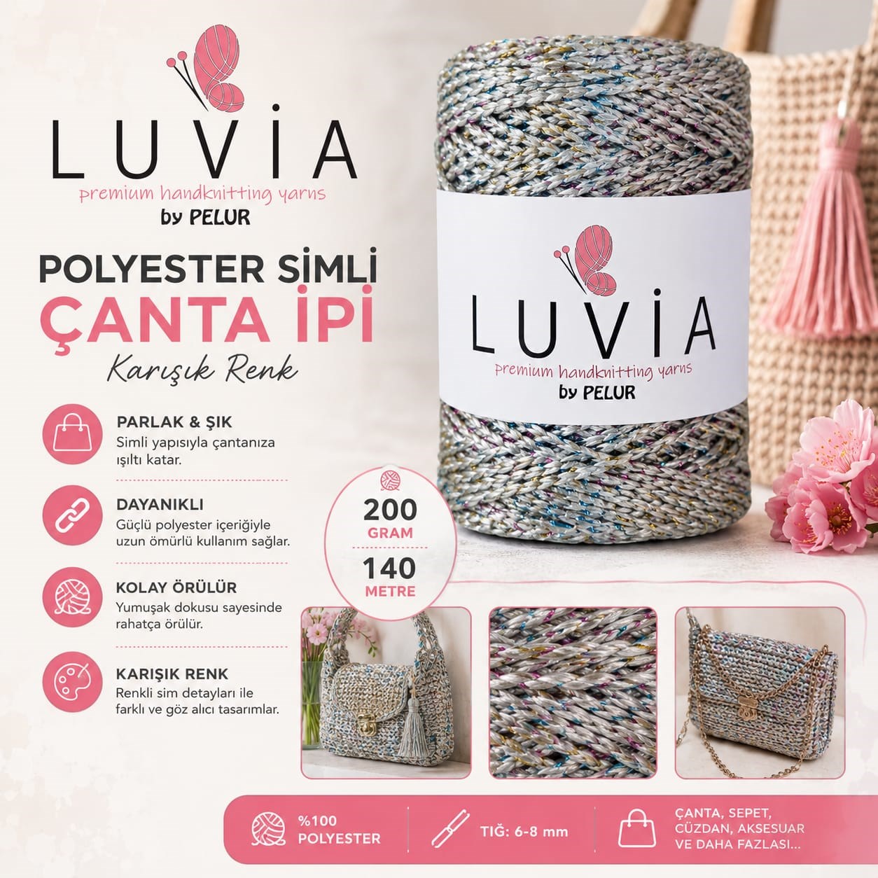 Luvia Polyester Simli Çanta İpi Karışık Renk 200  gr