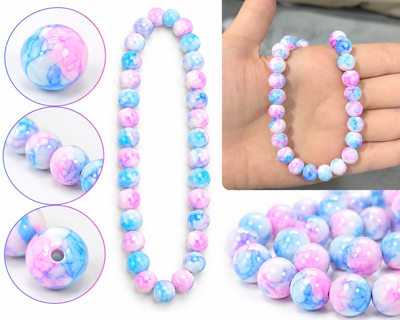 Mavi Pembe Ebruli Cam Boncuk Dizisi 8 mm (Yaklaşık 90-100 Adet)
