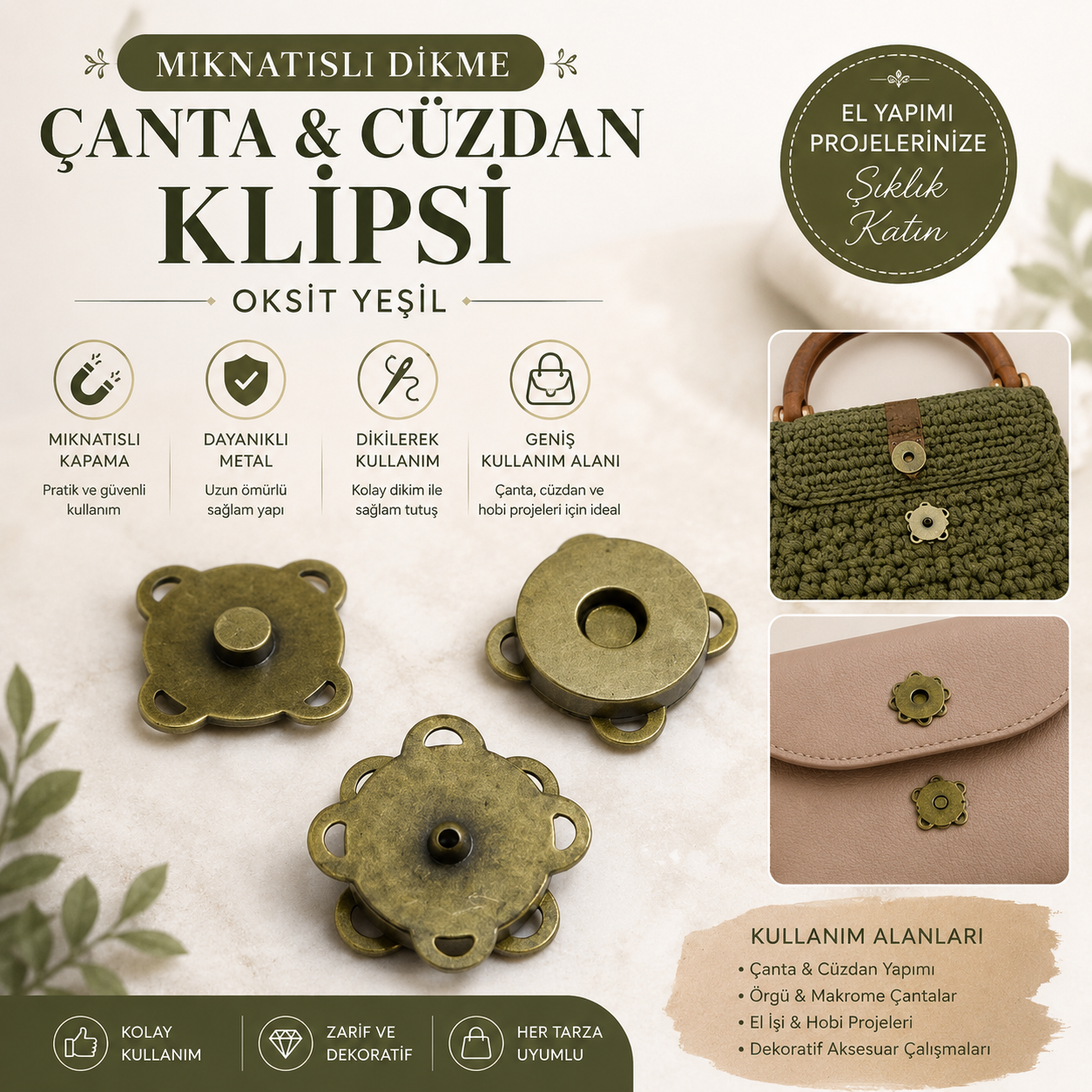 Mıknatıslı Dikme Çanta ve Cüzdan Klipsi Oksit Yeşit