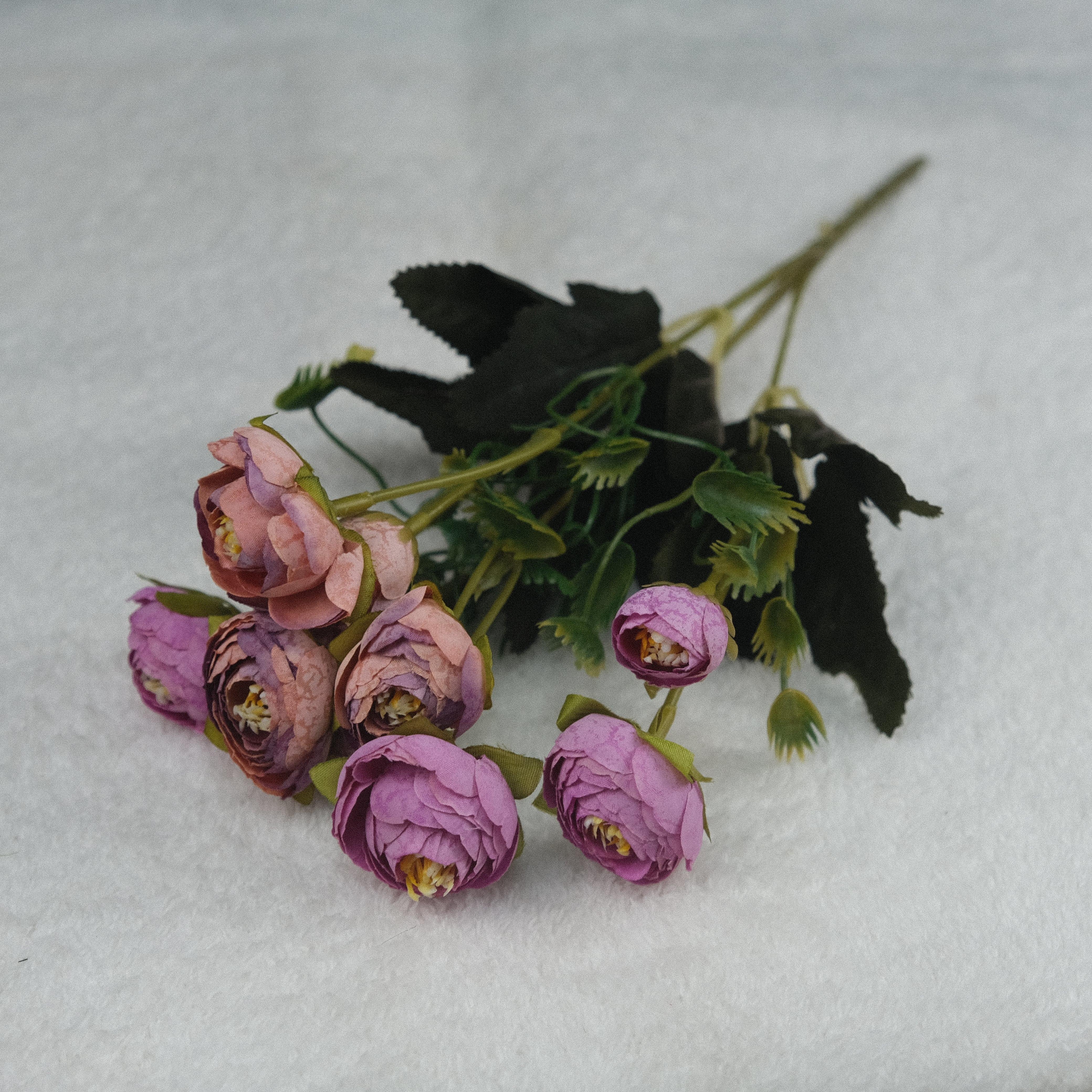 Mor Pembe Şakayık Gülü Mini Demeti 32 cm 5 Dal 10 Kafalı Yapay Çiçek